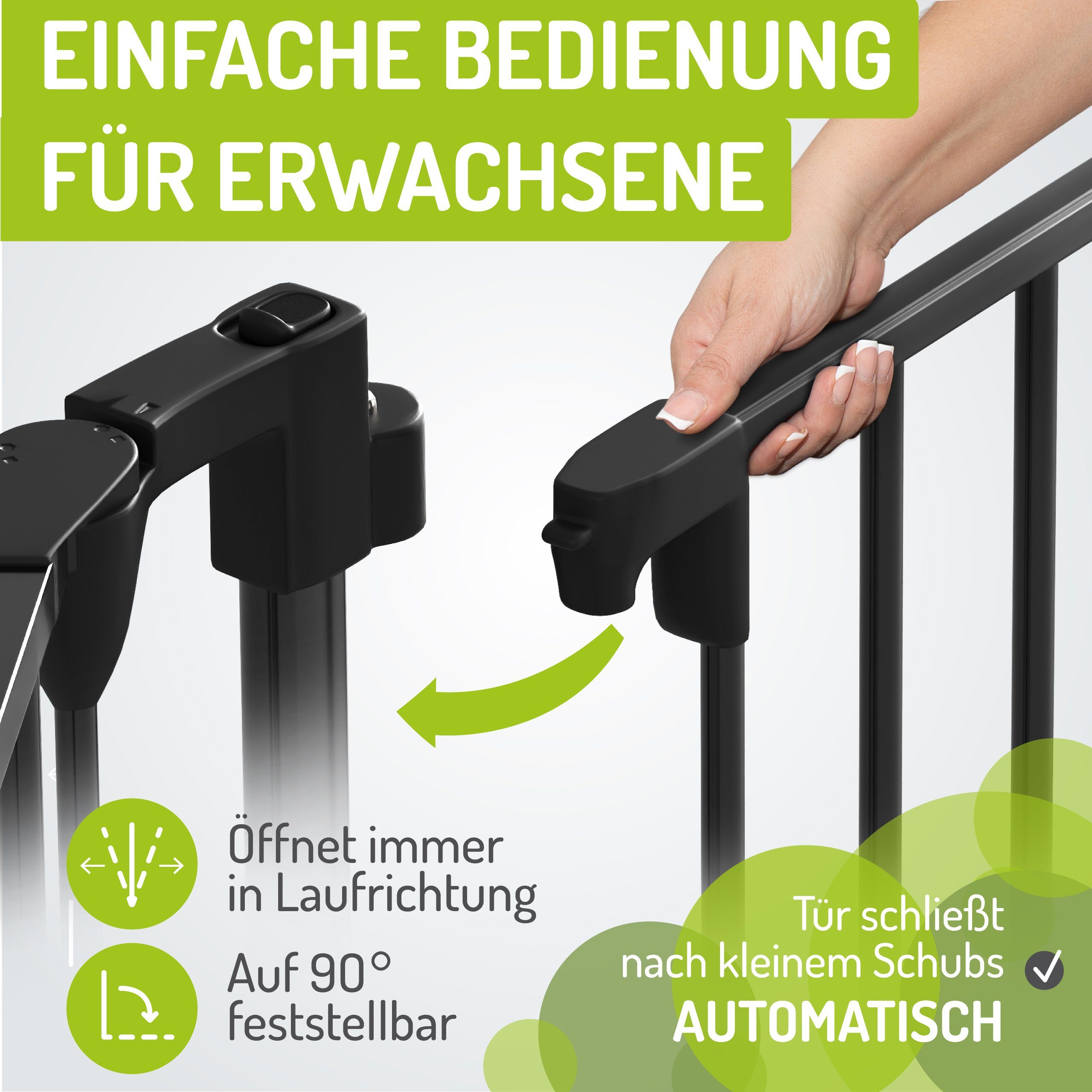 BOMI Ofenschutzgitter Kaminschutzgitter ohne Bohren, Milo 100-525 cm, Absperrgitter Metall (standfest & kippsicher, flexibel erweiterbares Schutzgitter), Extrabreiter Durchgang & 90° Feststellfunktion