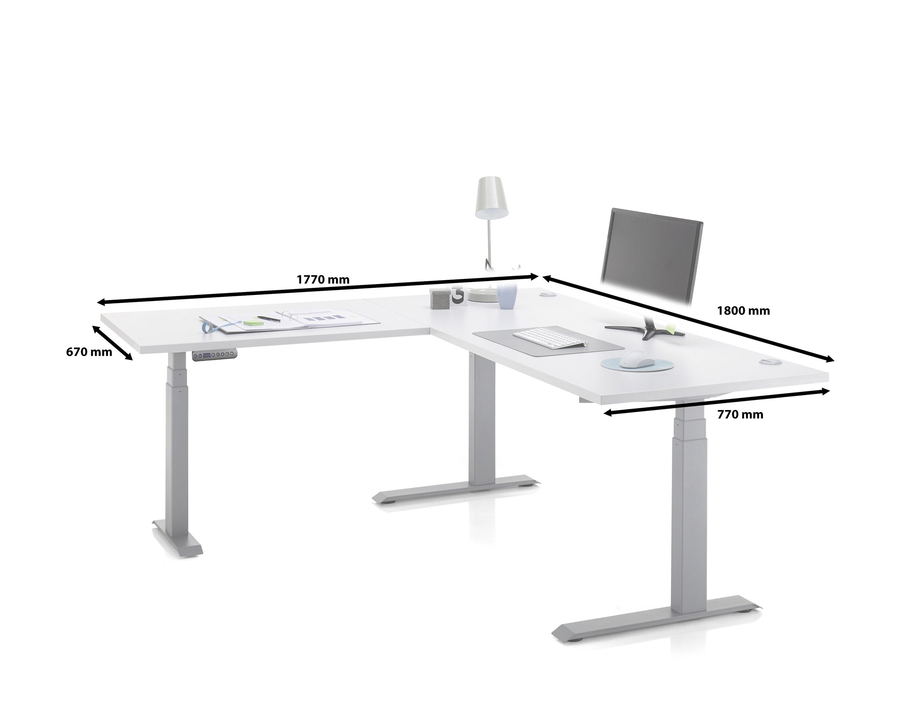 PREISBRECHER Eckschreibtisch Ben, höhenverstellbar bis 117cm, weiss - 180x74/117x177cm (BxHxT)