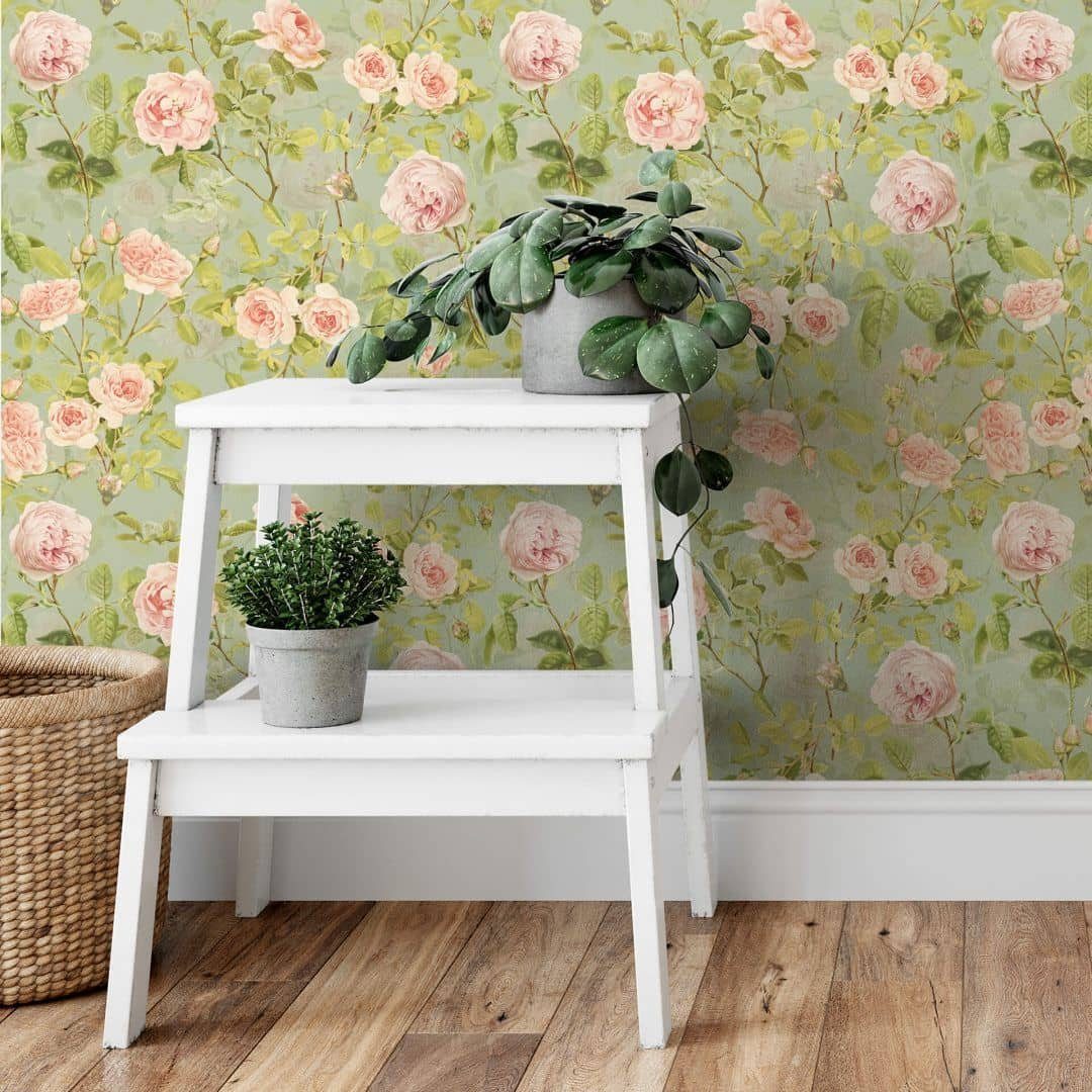 K&L Wall Art Mustertapete Pfingstrosen Mustertapete Rosa Rosen Blumentapete Florale Vliestapete, Rosengarten Tapete
