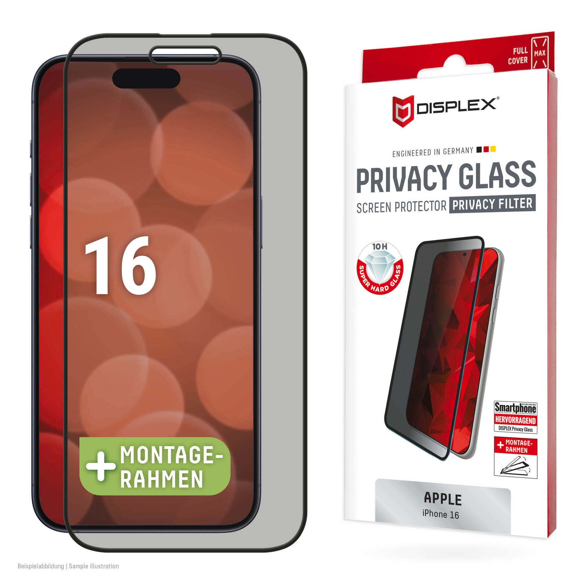 Displex Displayschutzglas Privacy Glass Full Cover für Apple iPhone 16, 1 Stück, Displayschutzfolie, Schutzfolie, Bildschirmschutz, kratz- & stoßfest