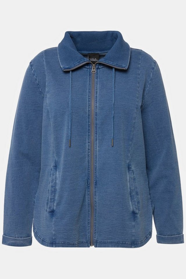 Ulla Popken Sweatjacke Sweatjacke doppelter Kragen Indigo-Färbung