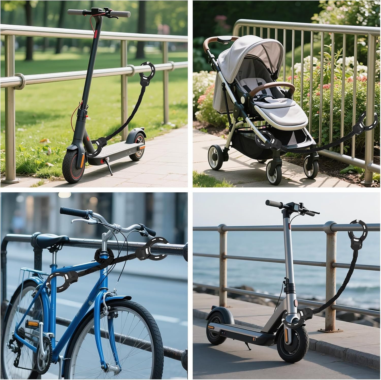 wohnTRAUM24 Kettenschloss E Scooter Schloss,Fahrradschloss für E Scooter mit Gummi-Lock-Hülse (Set, 1-tlg., Kratzschutz, inkl. 3 Schlüssel), Universalität, 360° – Bild 2 von 5