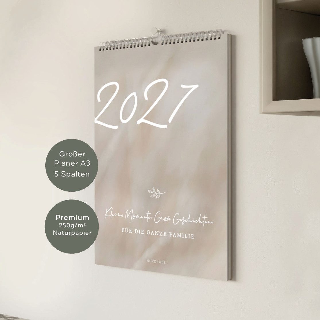 NORDEULE Familienkalender A3 Beige, Wandkalender 2027 mit 5 Spalten, ideal für die ganze Familie, Paare, Geburtstage und als Geschenk – Bild 3 von 5