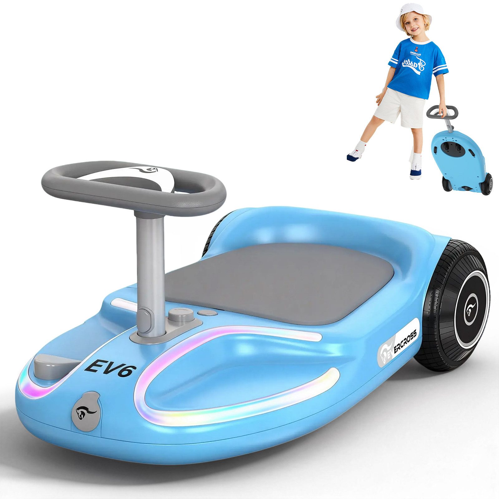 EVERCROSS TECH Elektro-Kinderauto EV6 Elektrisches Rutschauto mit 360°-Drehung & Bluetooth-Musik, 3-Gang-Modi, 25,2V Akku, Maximal 9 km/h,100+ Lichtmoden