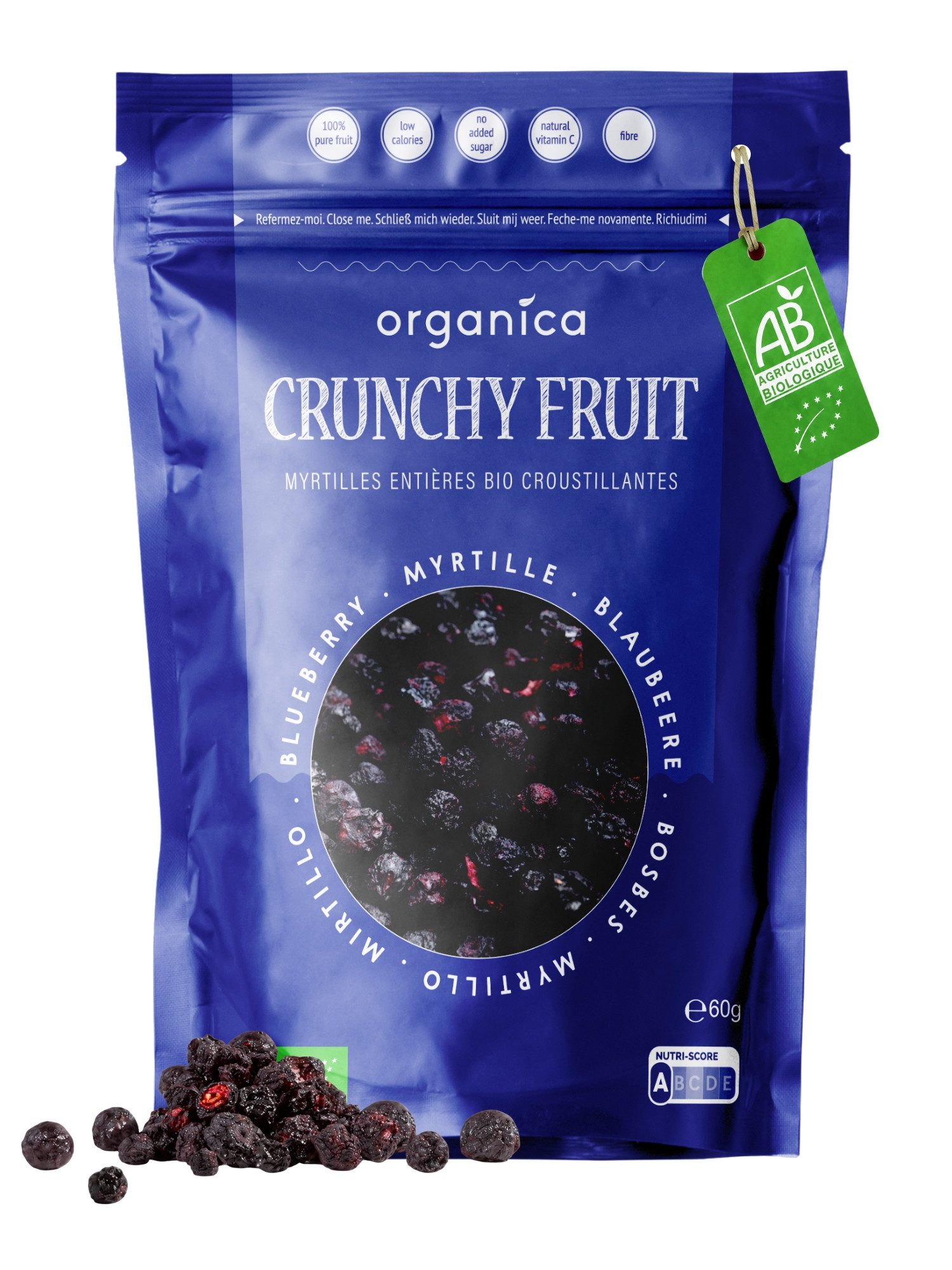 Organica Trockenfrüchte Gefriergetrocknete Bio-Blaubeeren, Getrocknete Heidelbeeren, 1 x, Bio-zertifiziert, 100 % Frucht, Ohne Zuckerzusatz, Nutri-Score A
