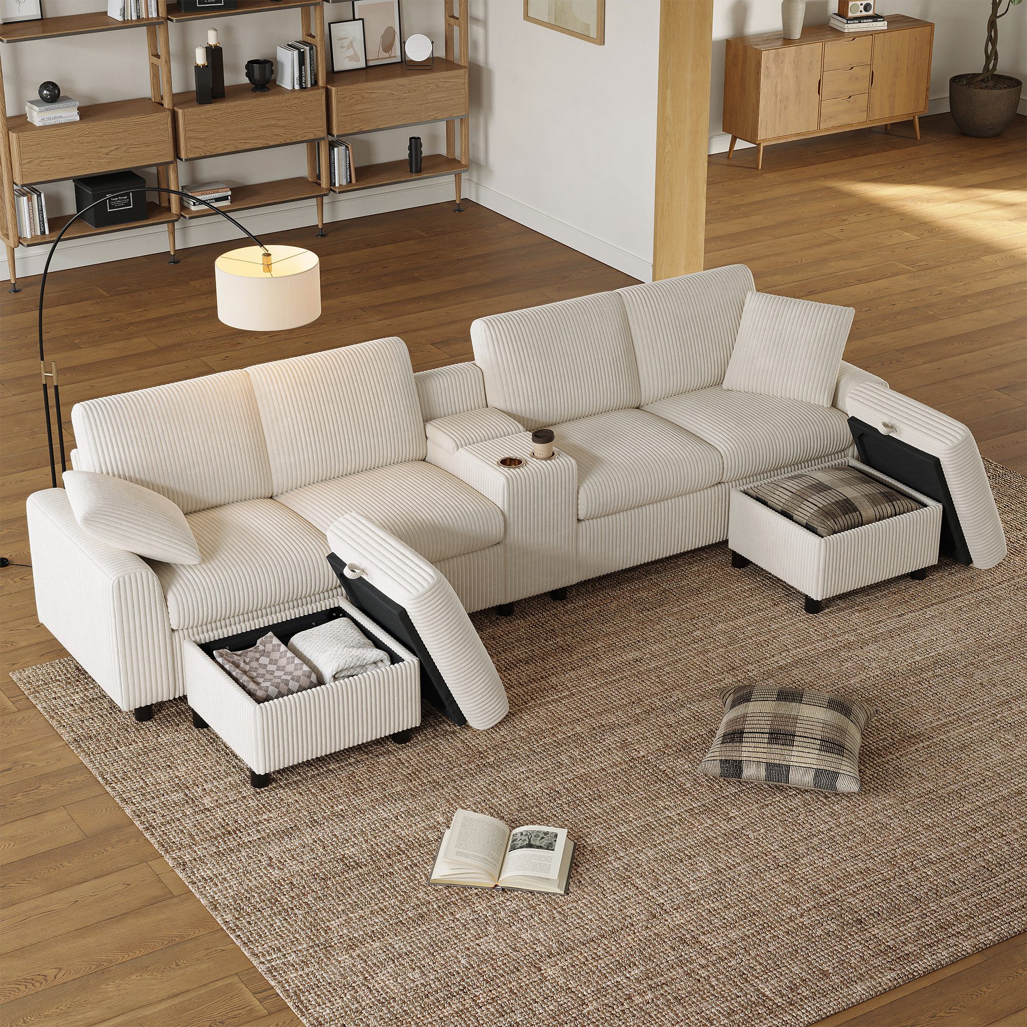 Odikalo Big-Sofa Wohnlandschaft U-Form mit Hockern & Couchtisch, Stauraum Lade-Funktion
