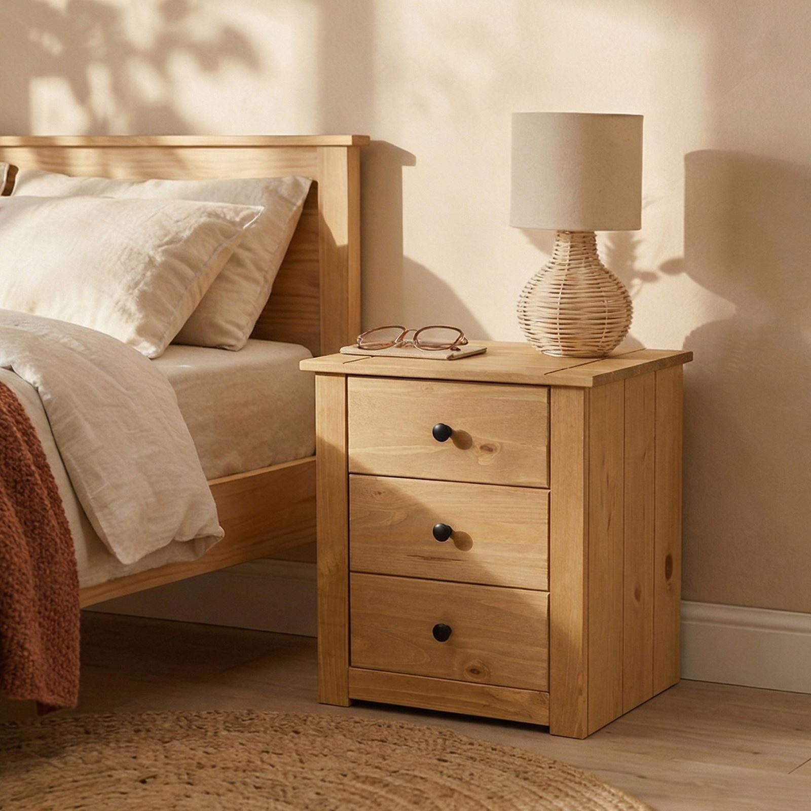 CARO-Möbel Nachtkommode CANCUN, Landhaus Nachtkommode mit 3 Schubladen Kiefer Massivholz Metallgriffe