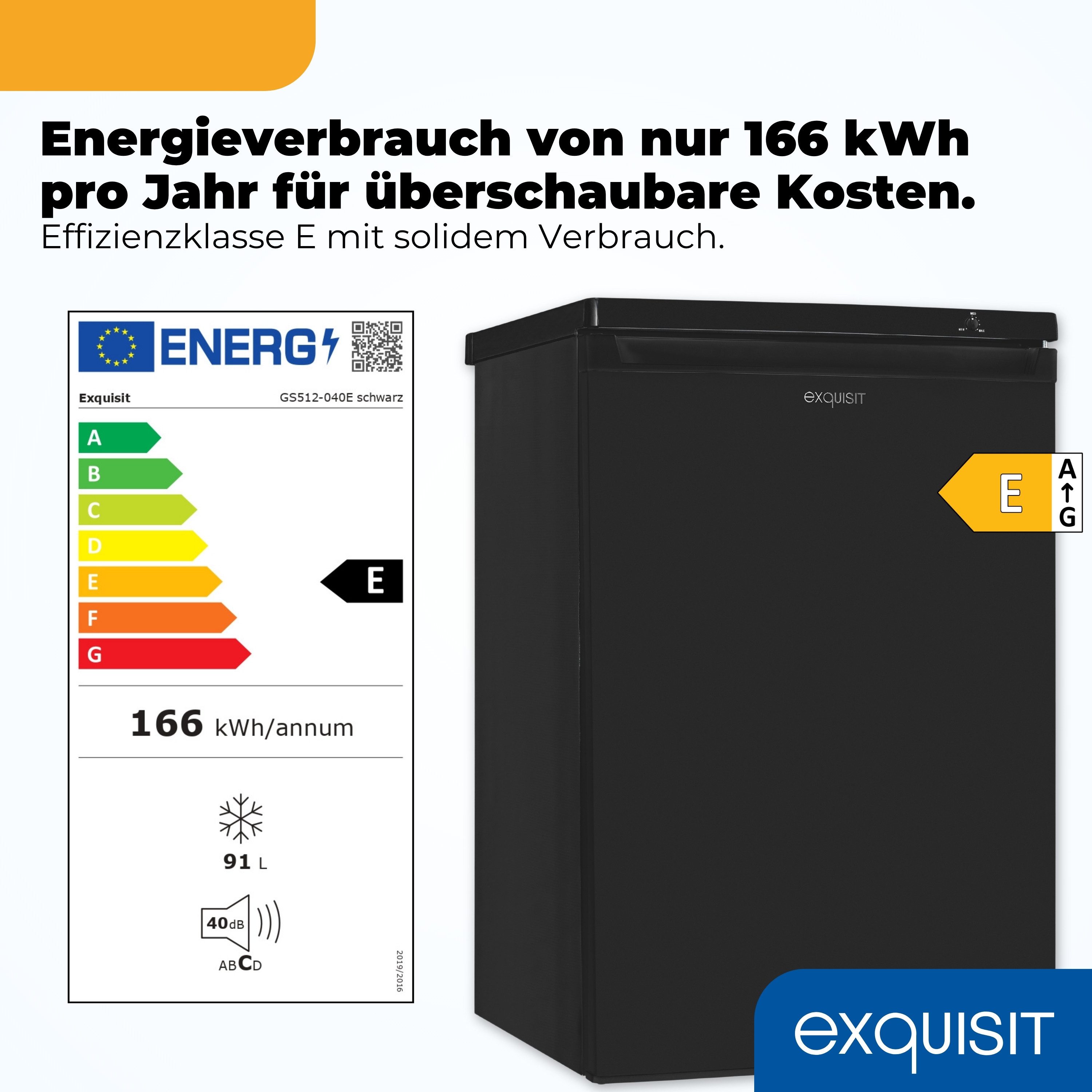 exquisit Gefrierschrank GS512-040E, 85.5 cm hoch, 55 cm breit, 91 l Nutzinhalt, 4 Gefrierschubladen, 40 dB Geräusch, Geräuschklasse C