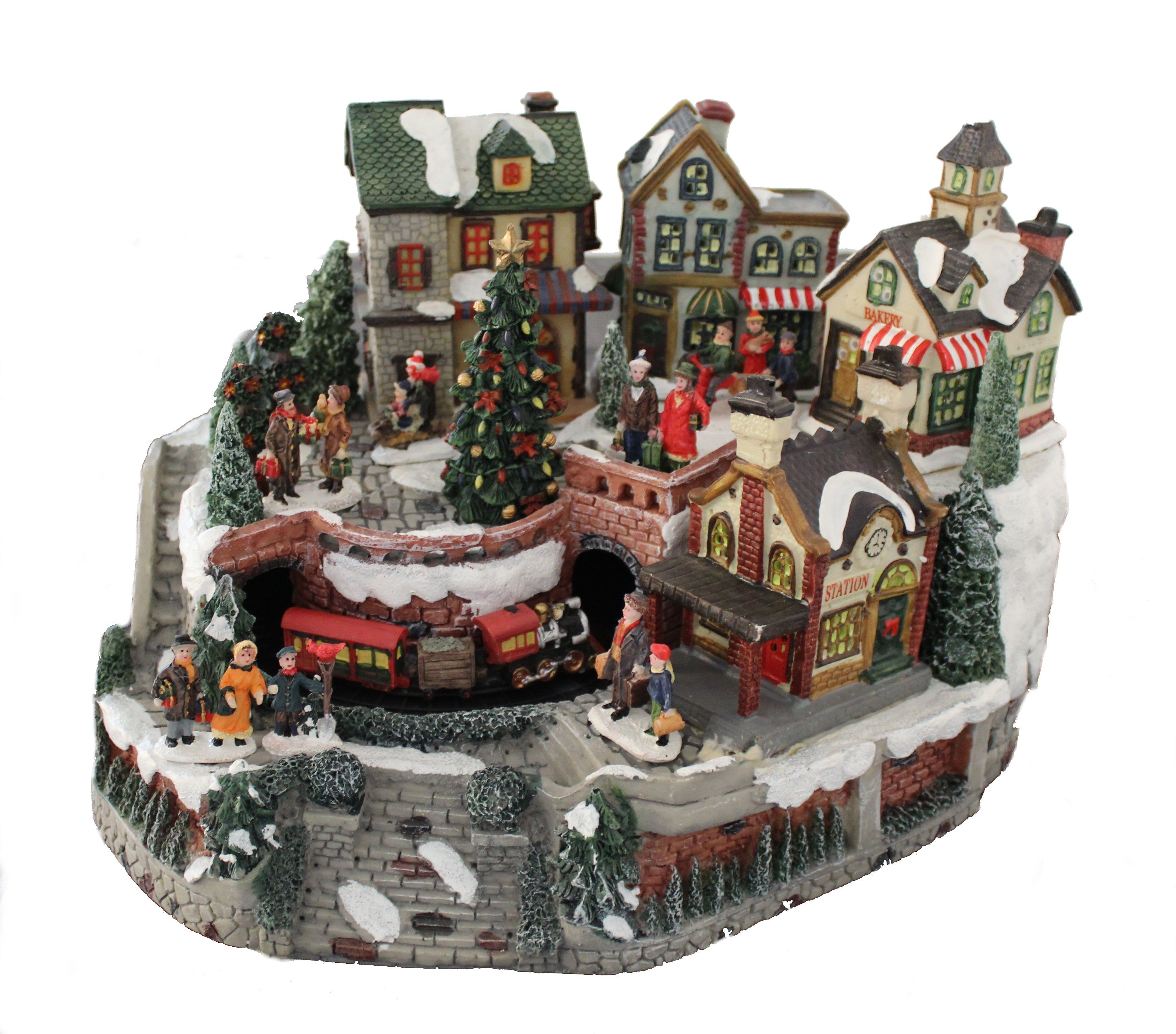 Weihnachtsszene Winterdorfszene mit fahrendem Zug, Geräuschen und Beleuchtung