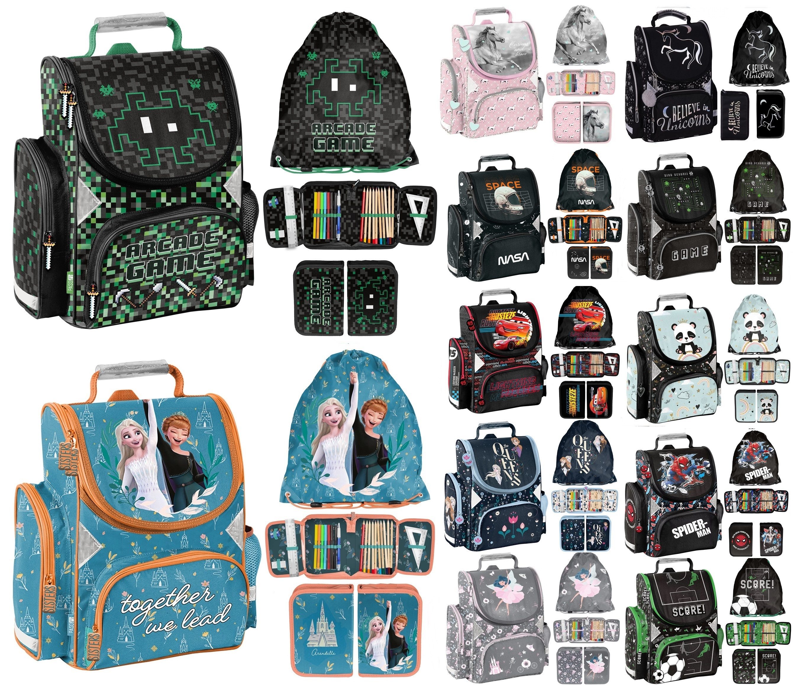 PASO Schulranzen Set 3 teilig Tornister Cars Elsa Einhorn Gamer Nasa Fußball Spiderman (3 er Set)