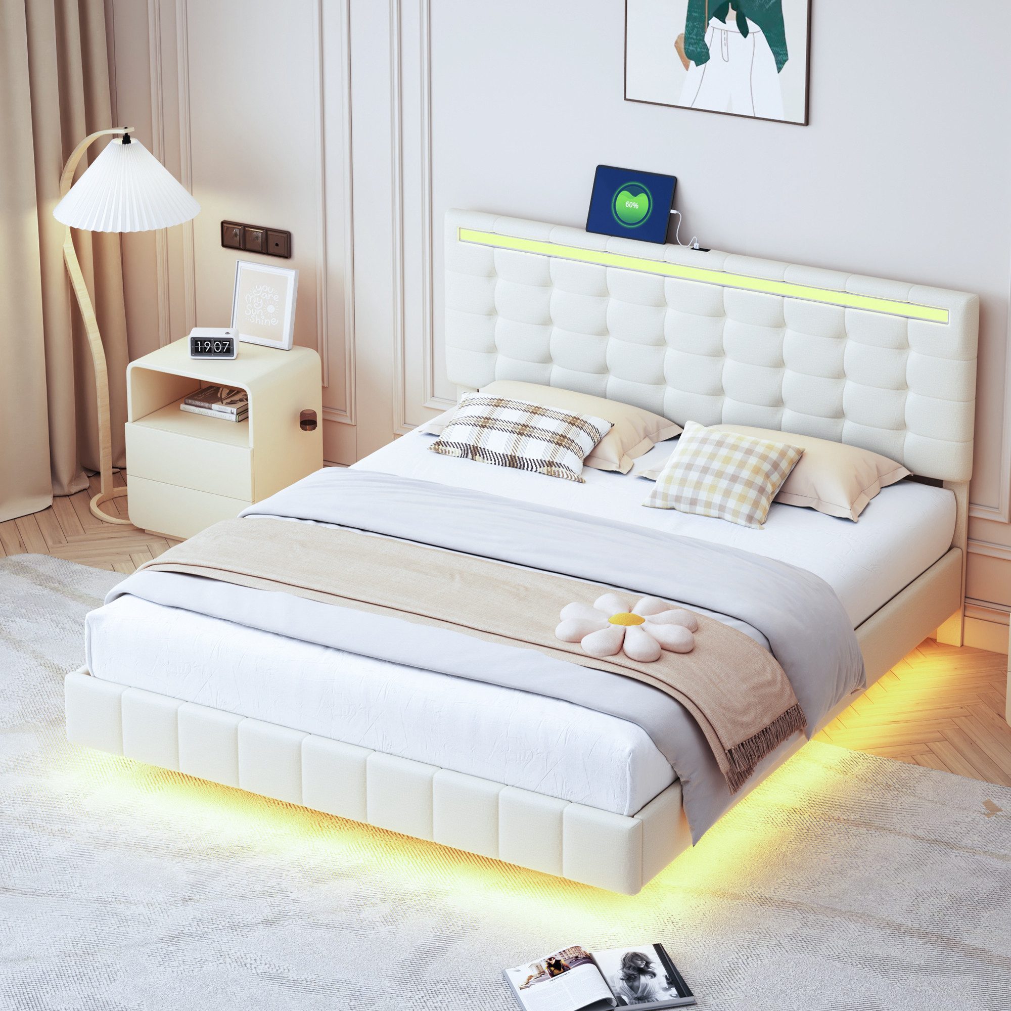 MODFU Polsterbett mit LED-Beleuchtung & gepolstertem günstig online kaufen