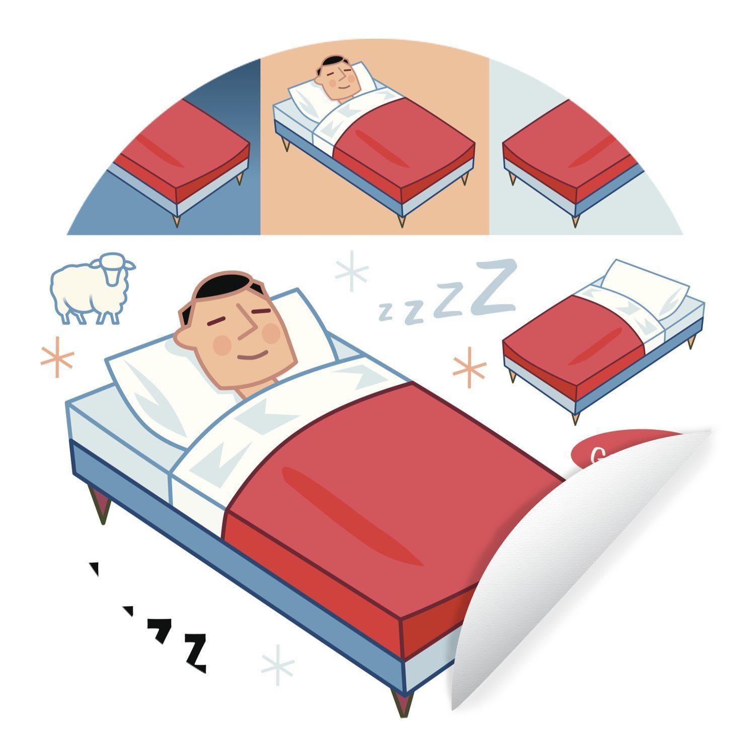 MuchoWow Wandsticker Eine Illustration eines Kindes mit schlafenden Augen im Bett (1 St), Tapetenkreis für Kinderzimmer, Tapetenaufkleber, Rund, Wohnzimmer