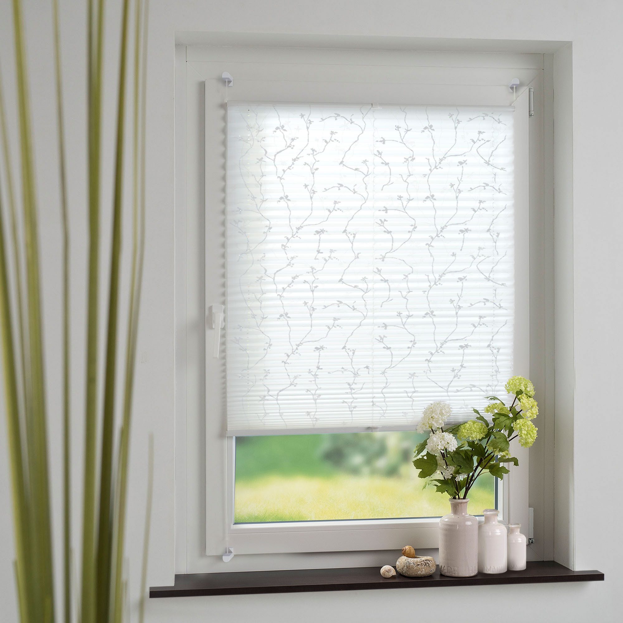 HOMBERA Plissee mit Blumenmotiv, Lichtschutz, ohne Bohren oder Schrauben, verspannt, Klemmfix-Montage, blickdicht, dekorativ