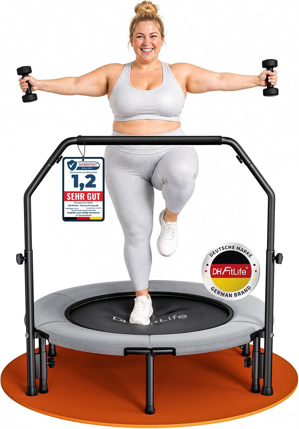 DH FitLife Fitnesstrampolin Indoor Bungee-Trampolin Ø102 cm, 150 kg mit Haltegriff, Ø 102 cm, (Einzelprodukt, Fitness-Trampolin), 28 vormontierte 10-mm-Bungees, Hauptrahmen platzsparend faltbar