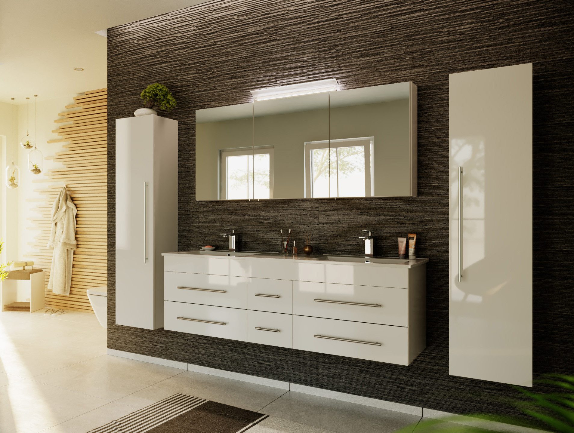 Magnolia Home Waschtisch Badmöbelset Roma XL 4-teilig Spiegelschrank 2x Hochschrank weiss hochg