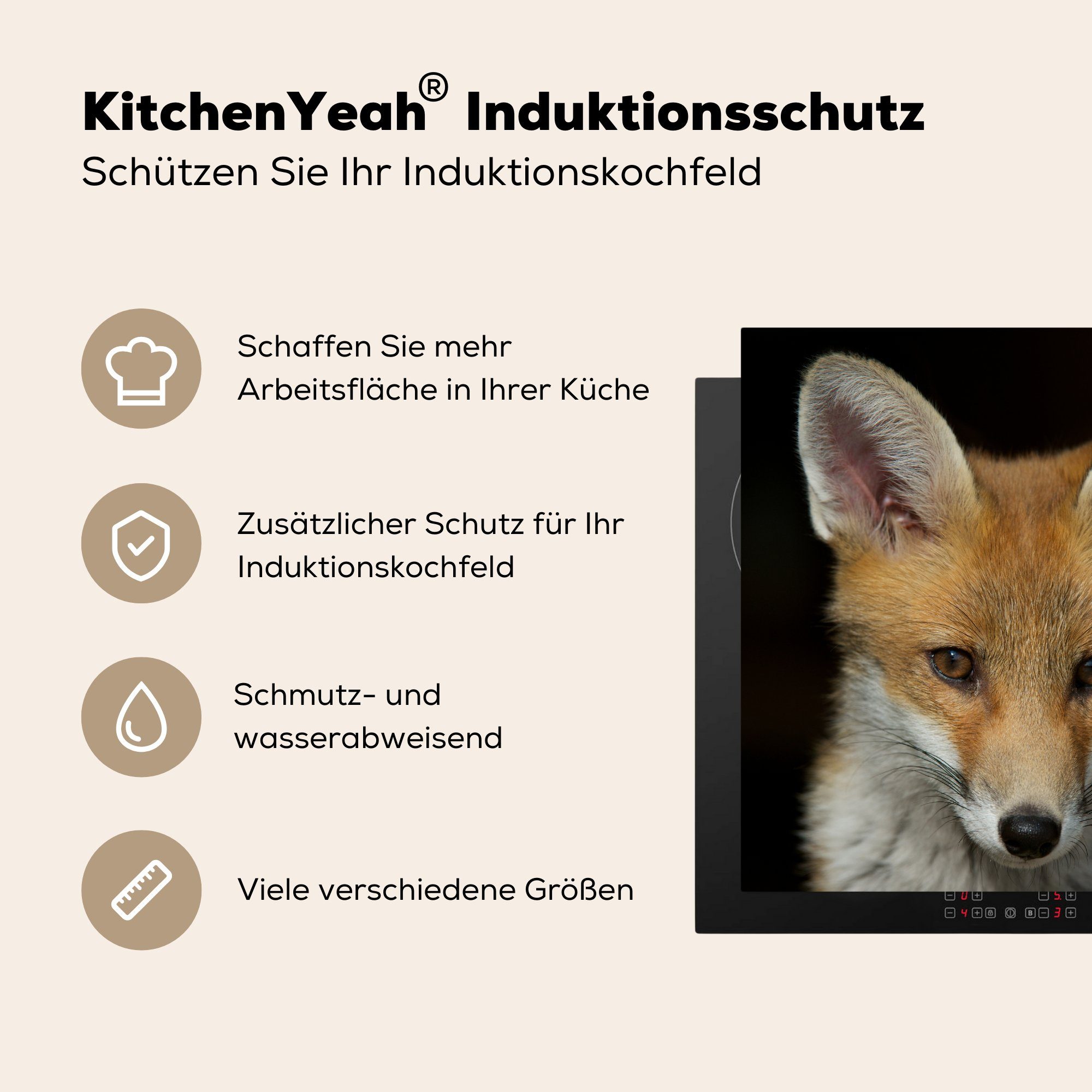 MuchoWow Herdblende-/Abdeckplatte Fuchs - Porträt - (1 küche Arbeitsplatte tlg), Vinyl, cm, für Schwarz, Ceranfeldabdeckung, 78x78