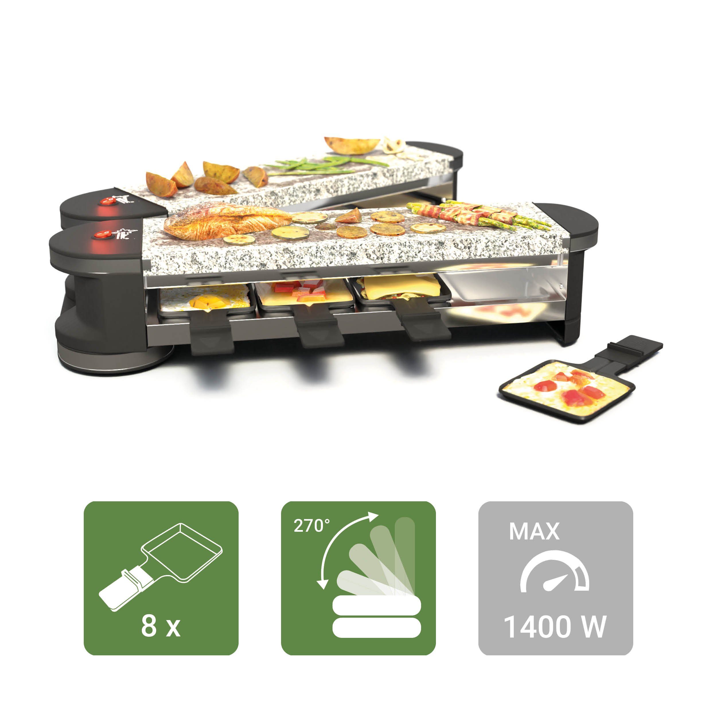 Suntec Wellness Raclette RAC-7079 Flex8 stone/stone, 8 Raclettepfännchen, 1400,00 W, Elektrogrill für 8 Personen, 2 Steinplatten, Flexibles 180° Drehgelenk