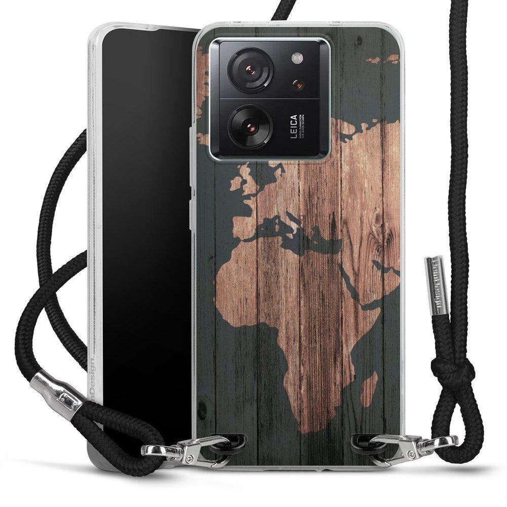 DeinDesign Handyhülle Landkarte Holzoptik Weltkarte Wooden World Map, Xiaomi 13T Pro Handykette Hülle mit Band Case zum Umhängen