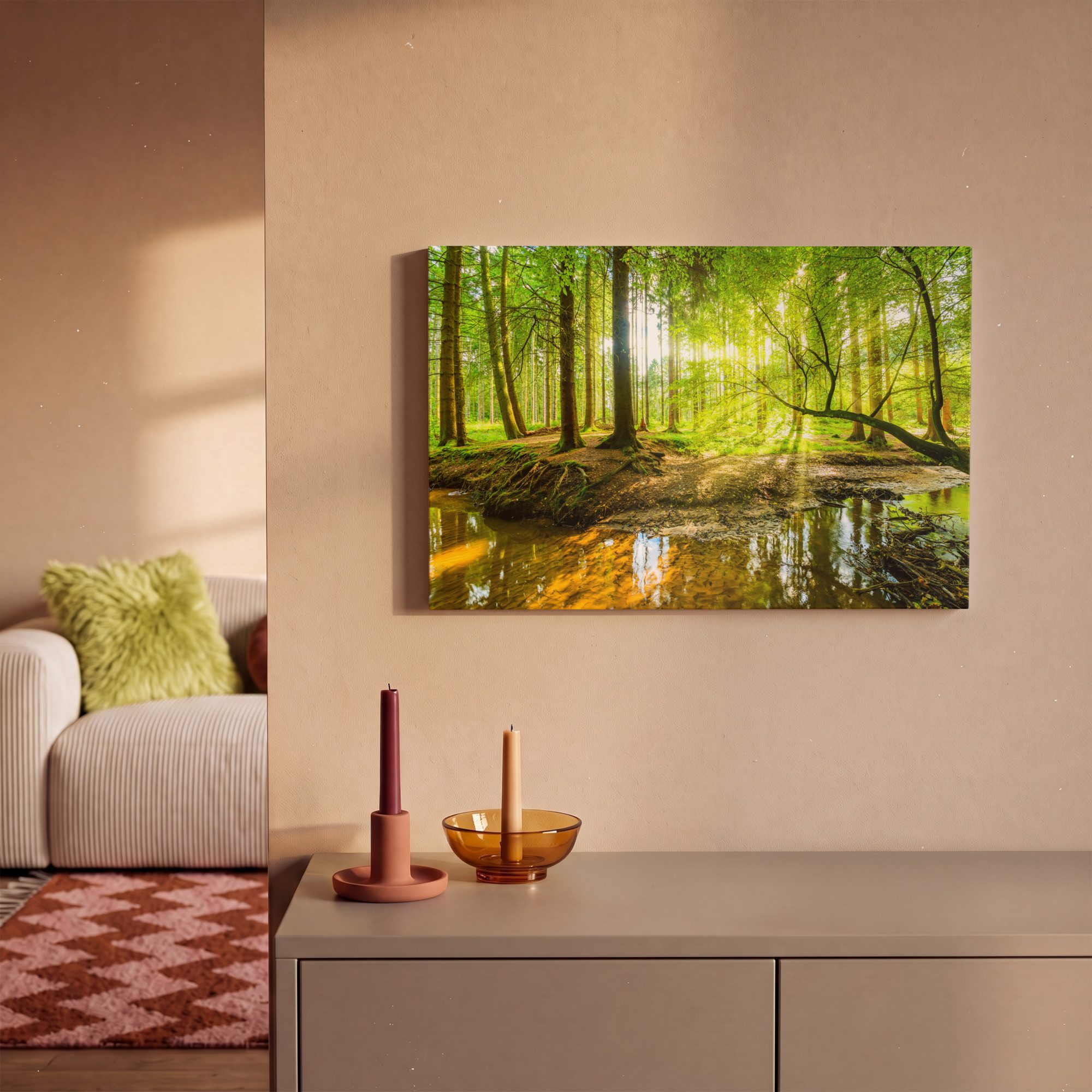 OneMillionCanvasses® Leinwandbild Wald - Landschaft - Wasser - Bäume - Sonne - Grün - Natur, Fotodruck (1 St), Wandbild, Deko Schlafzimmer Wohnzimmer Flur 20x20 – Bild 2 von 5