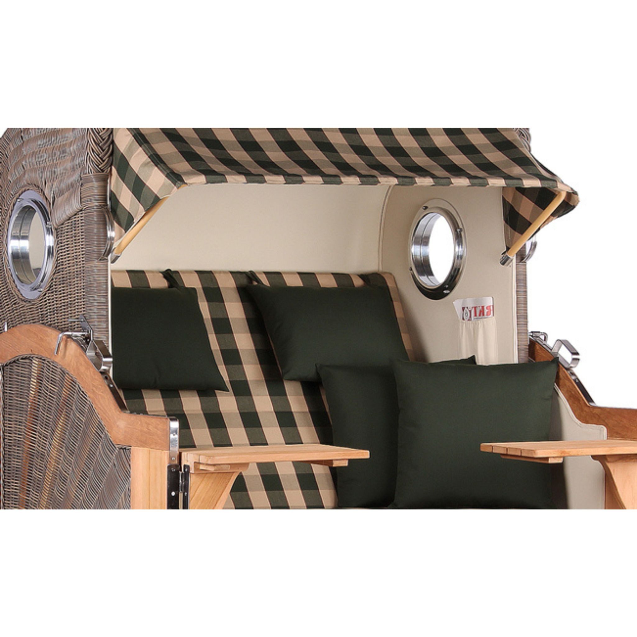 MR.DEKO Strandkorb XXL Baltikum 2,5-Sitzer Bullauge Teak PE Grey 142x170x95, BxTxH: 142x95x170 cm, Volllieger, Baltikum, (Wetterfester 2,5-Sitzer Strandkorb für Garten, Terrasse & Balkon), Volllieger mit Stauraum, Bullaugen & Edelstahl – komplett montiert