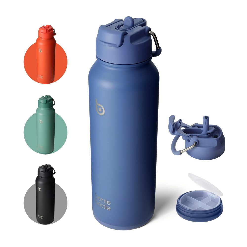 BOTTLE BOTTLE Trinkflasche Sport-Trinkflasche, Edelstahl, isoliert, mit Strohhalm und Pillenhalter, 1L