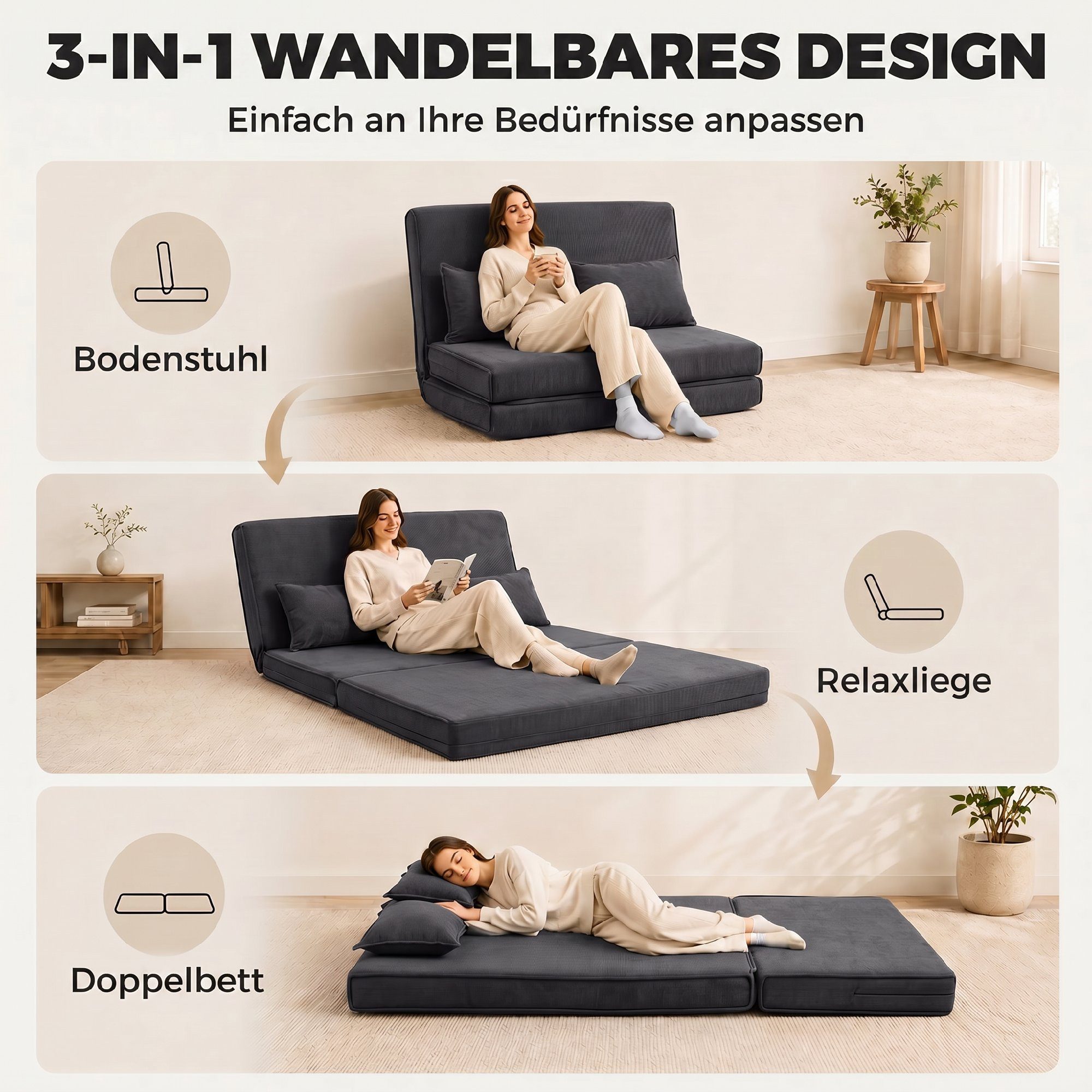 HOMCOM Bodenkissen 3 in 1 Schlafsofa Klappsofa mit 2 Kissen und Verstellbarer Rückenlehne, 3-in-1, 5-fach verstellbar, 2 Kissen – Bild 4 von 5