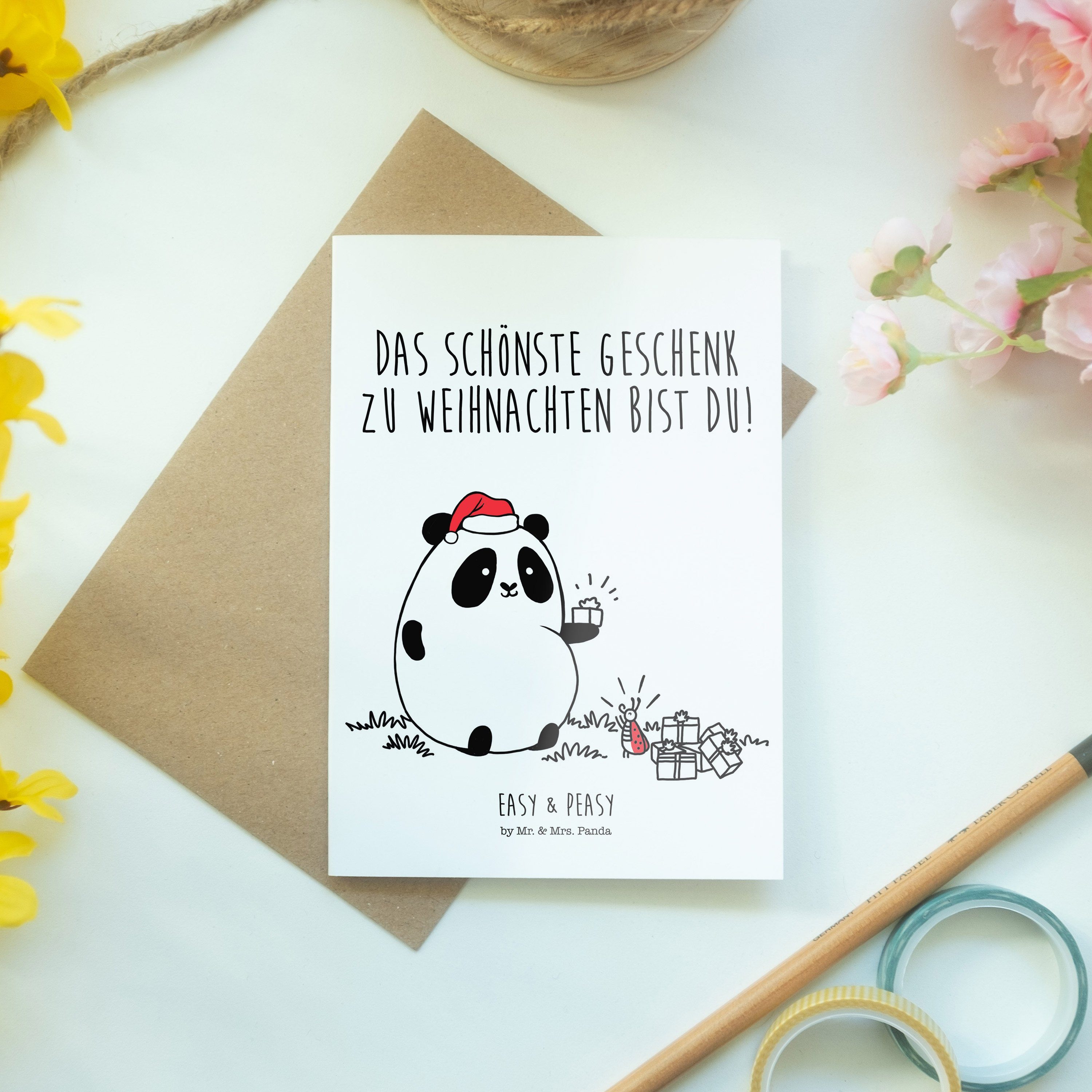 Grußkarte Weiß Mr. Einladungskarte - Easy - Klappkarte, Weihnachtsgeschenk & Peasy Panda Mrs. &