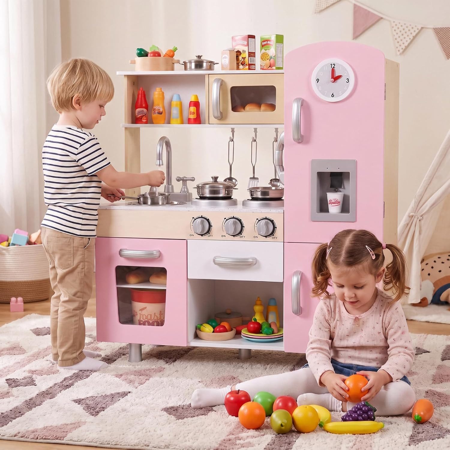 TLGREEN Spielküche Kinderspielküche mit Licht und Sound, Spielzeugküche 81x74x30 cm, Kinderküche Holz,Puppenküche mit Herd, Eismaschine, …