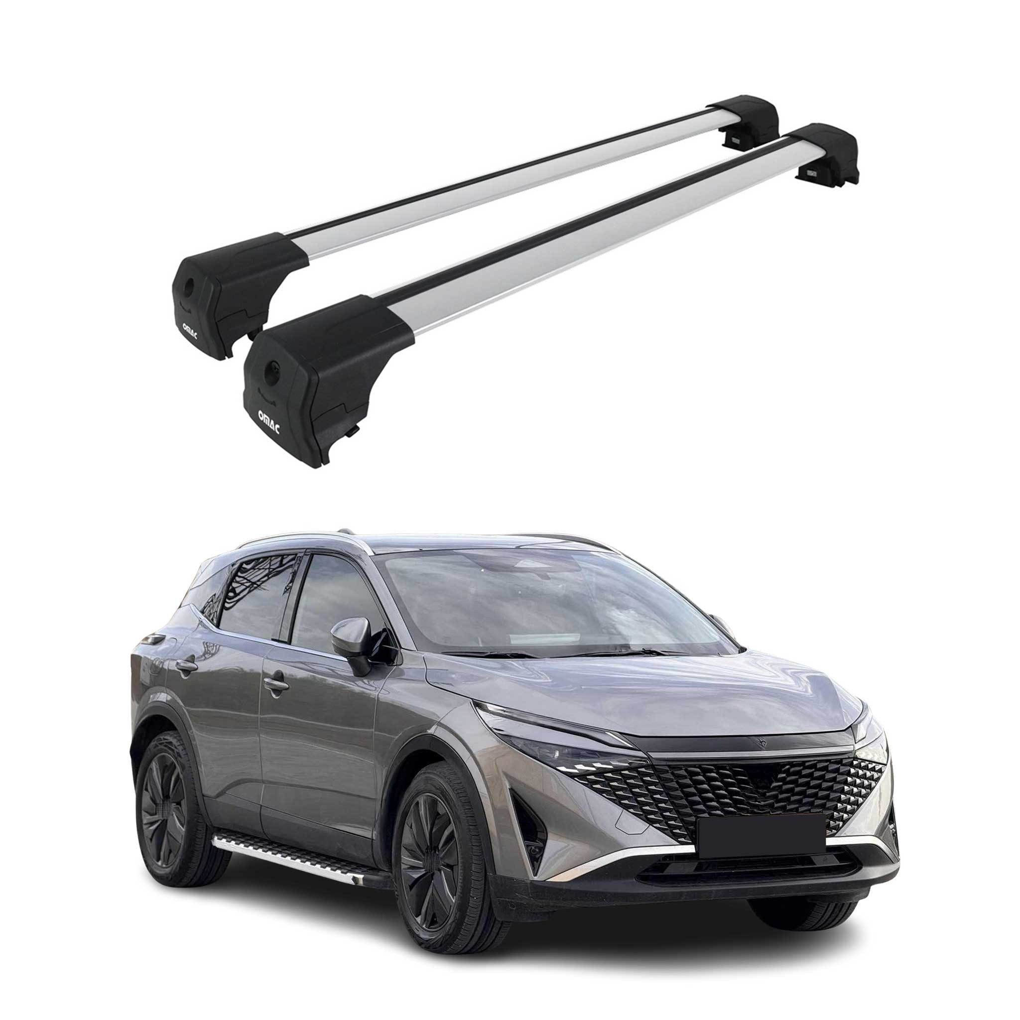 OMAC Dachträger Grundtäger für Nissan Qashqai J12 2021-2025 75kg Alu Silber 2 tlg (2-St), Wasserbeständig,Abnehmbar,Multifunktional,Leichtgewichtig
