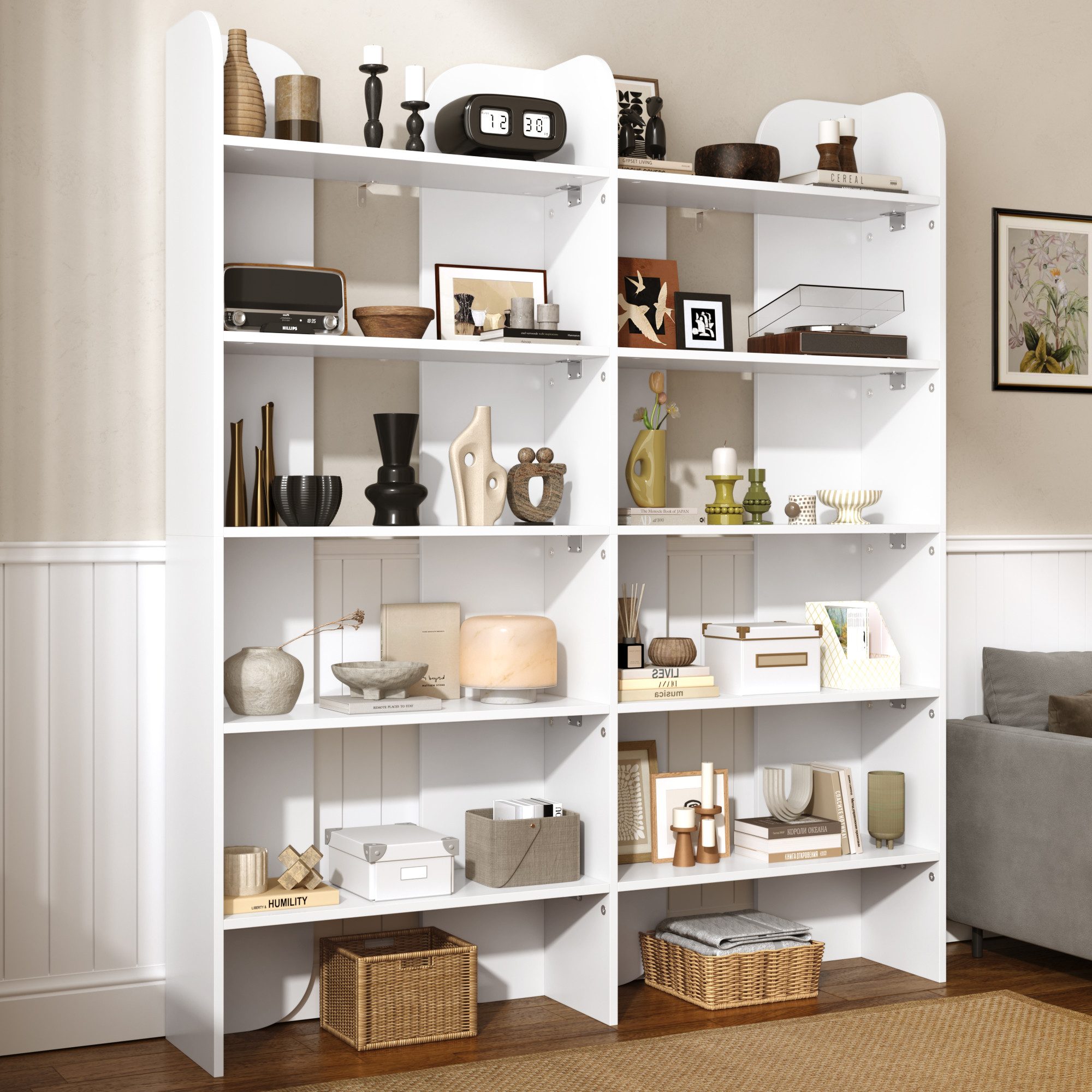 Flieks Bücherregal Standregal Büroregal, 12 offene Fächern, B135/H160/T25 cm 1-tlg., Bücherschrank mit 12 Ebenen Ablageregal Weiß, Anti-Kipp-Vorrichtung