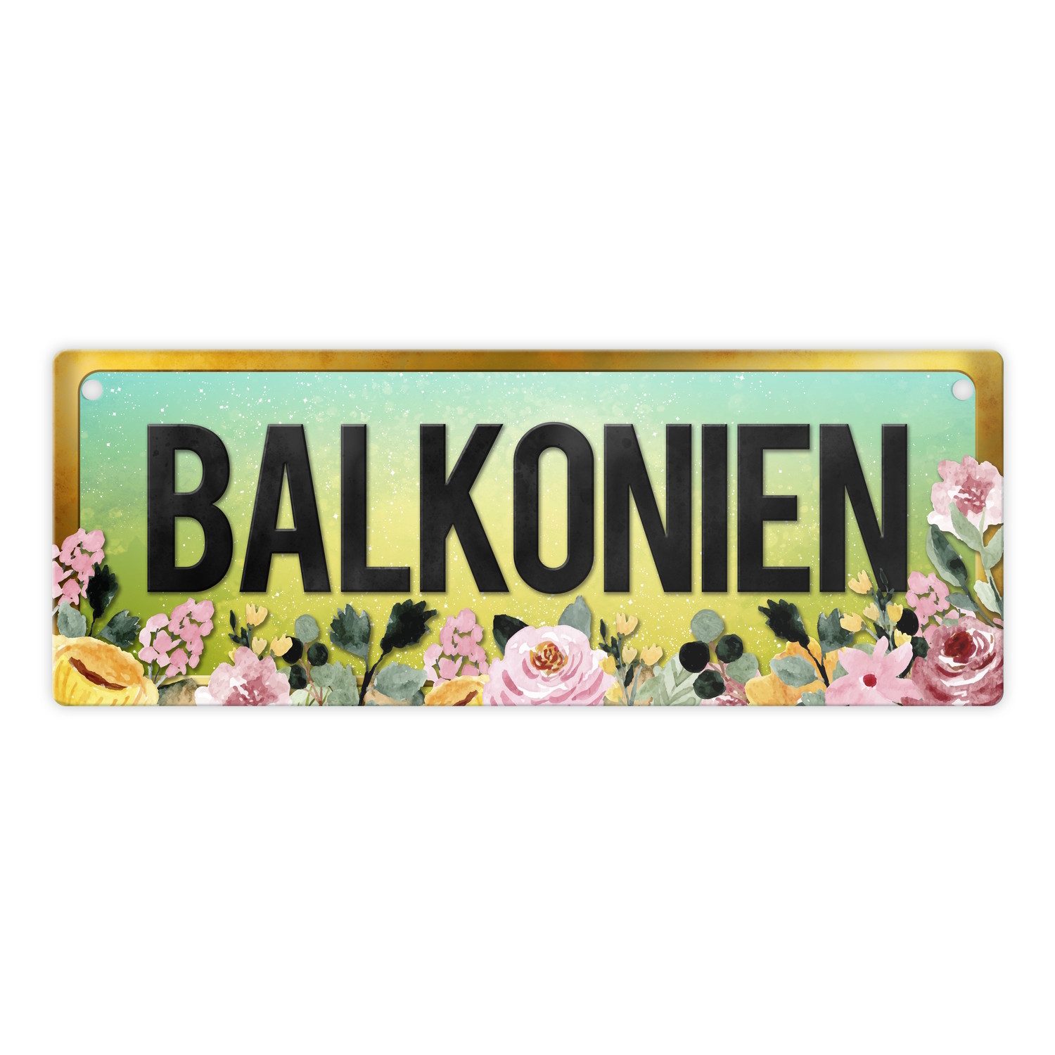 speecheese Metallschild Urlaub Metallschild mit Blumen Motiv und Spruch: Balkonien Schild