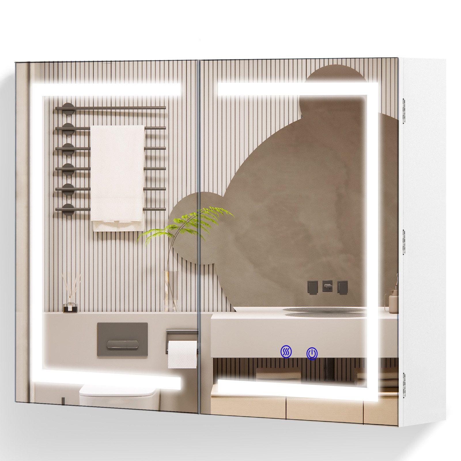 Luxstein Spiegelschrank Bad mit Beleuchtung und Steckdose, Verstellbares Regal, Entfogging-Funktion, Wandmontage