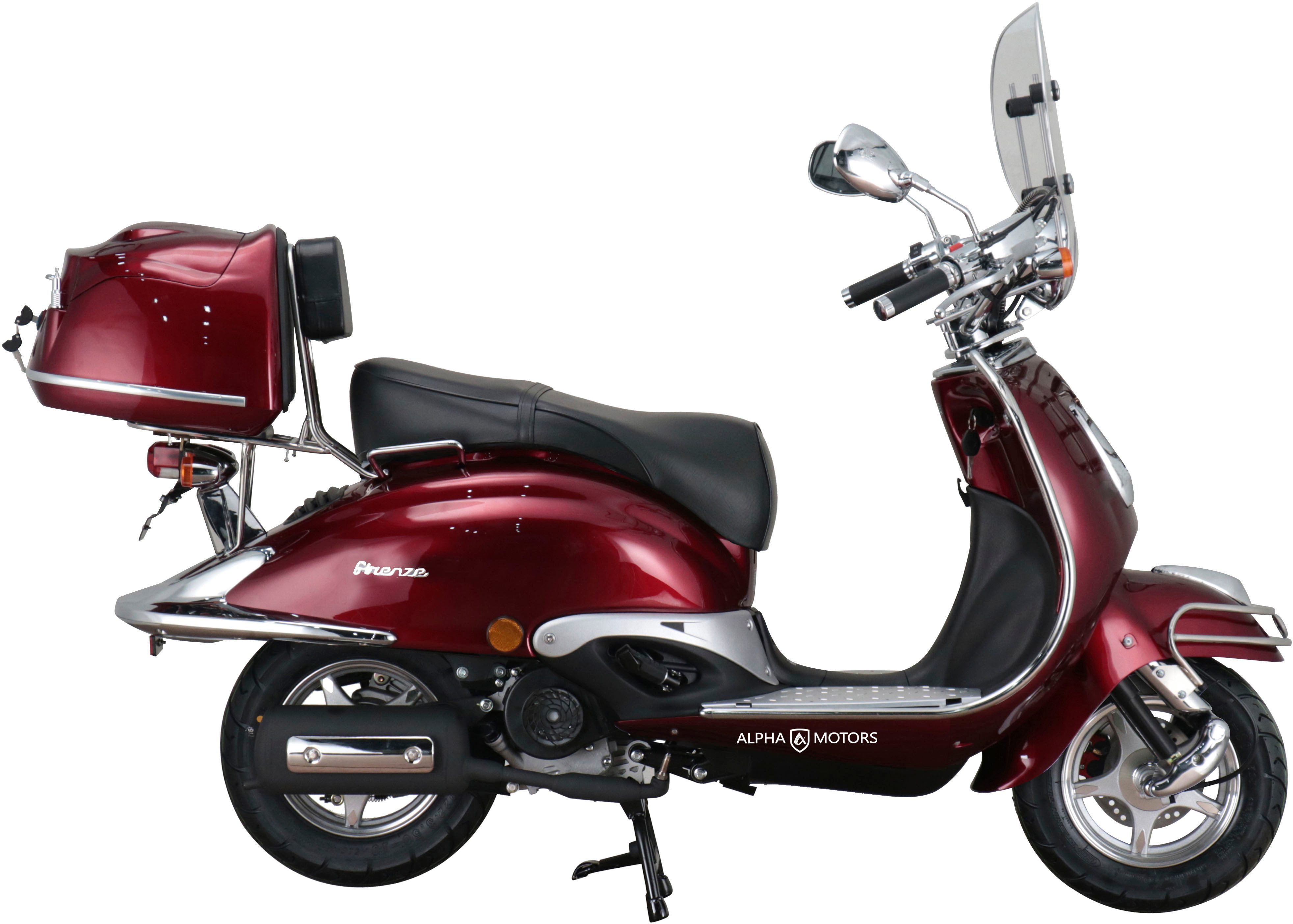 Alpha Motors Motorroller Retro Firenze Limited, 125 ccm, 85 km/h, Euro 5+, (Spar-Set, mit Topcase, Windschild und Chrom-Set), mit Lenkerschloss und Windschild