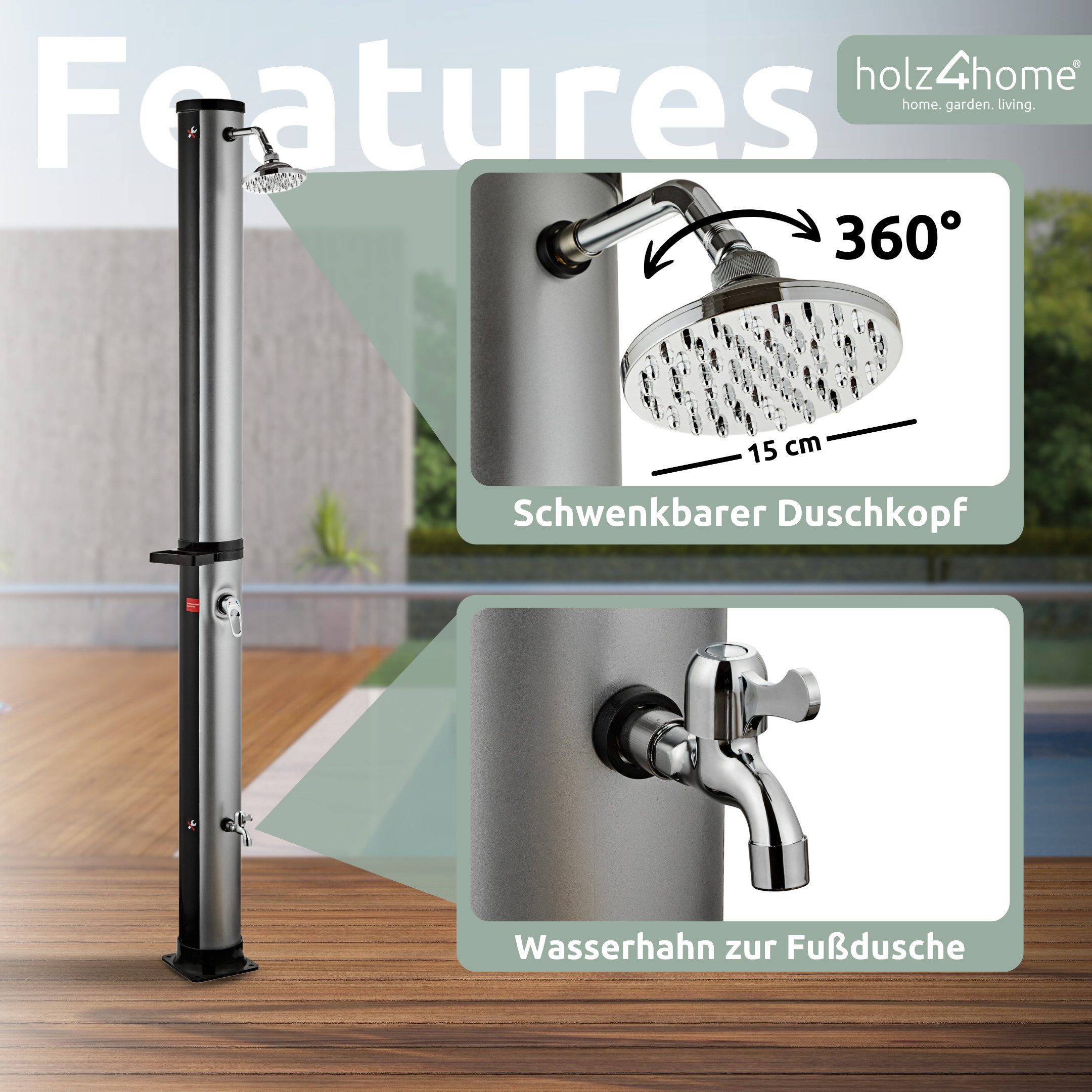 holz4home® Solardusche Gartendusche Aussendusche mit Warmwasser I Pooldusche Saunadusche, Mit Fußdusche und Seifenablage