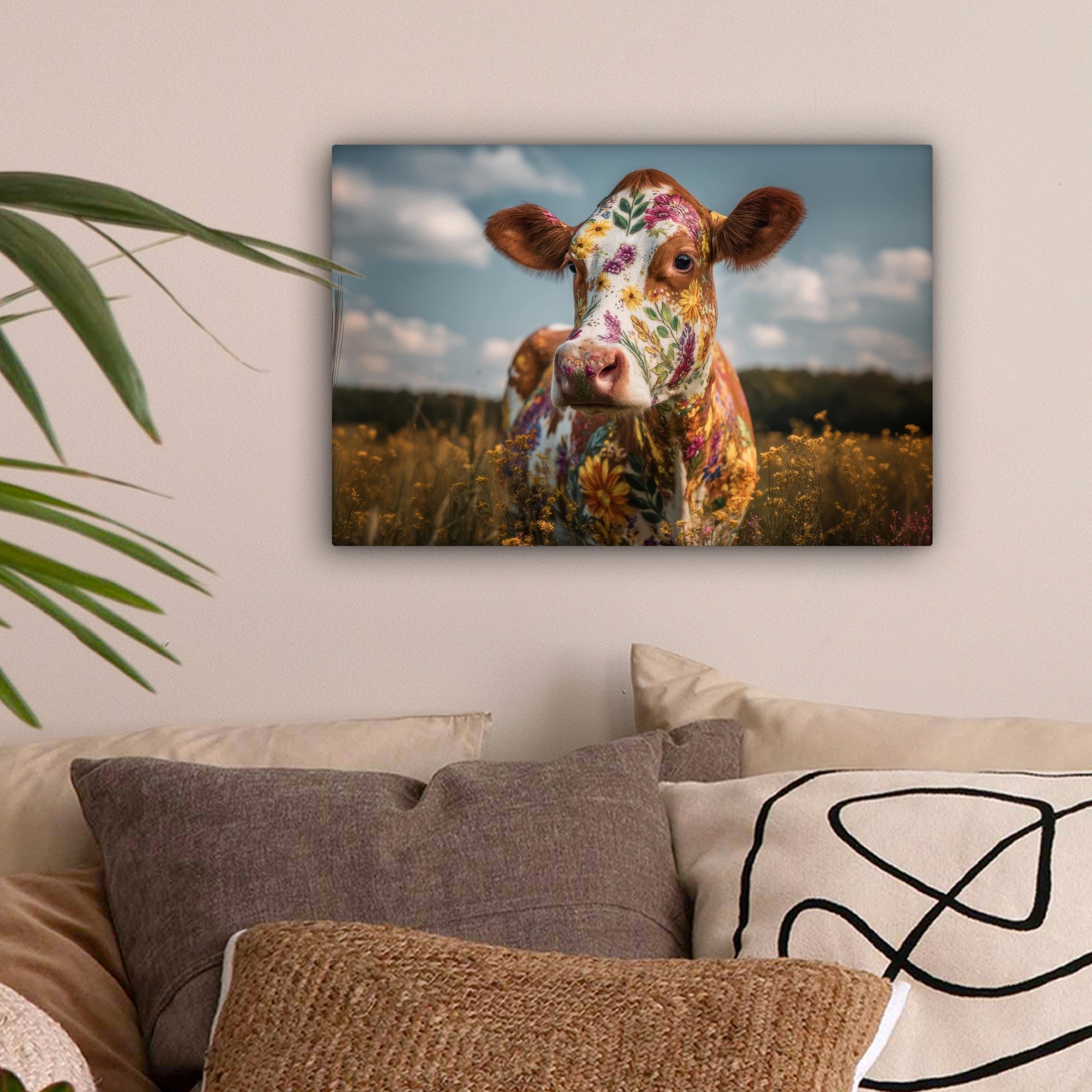 OneMillionCanvasses® Leinwandbild Kuh - Blumen - Wiese, Fotodruck (1 St), L günstig online kaufen