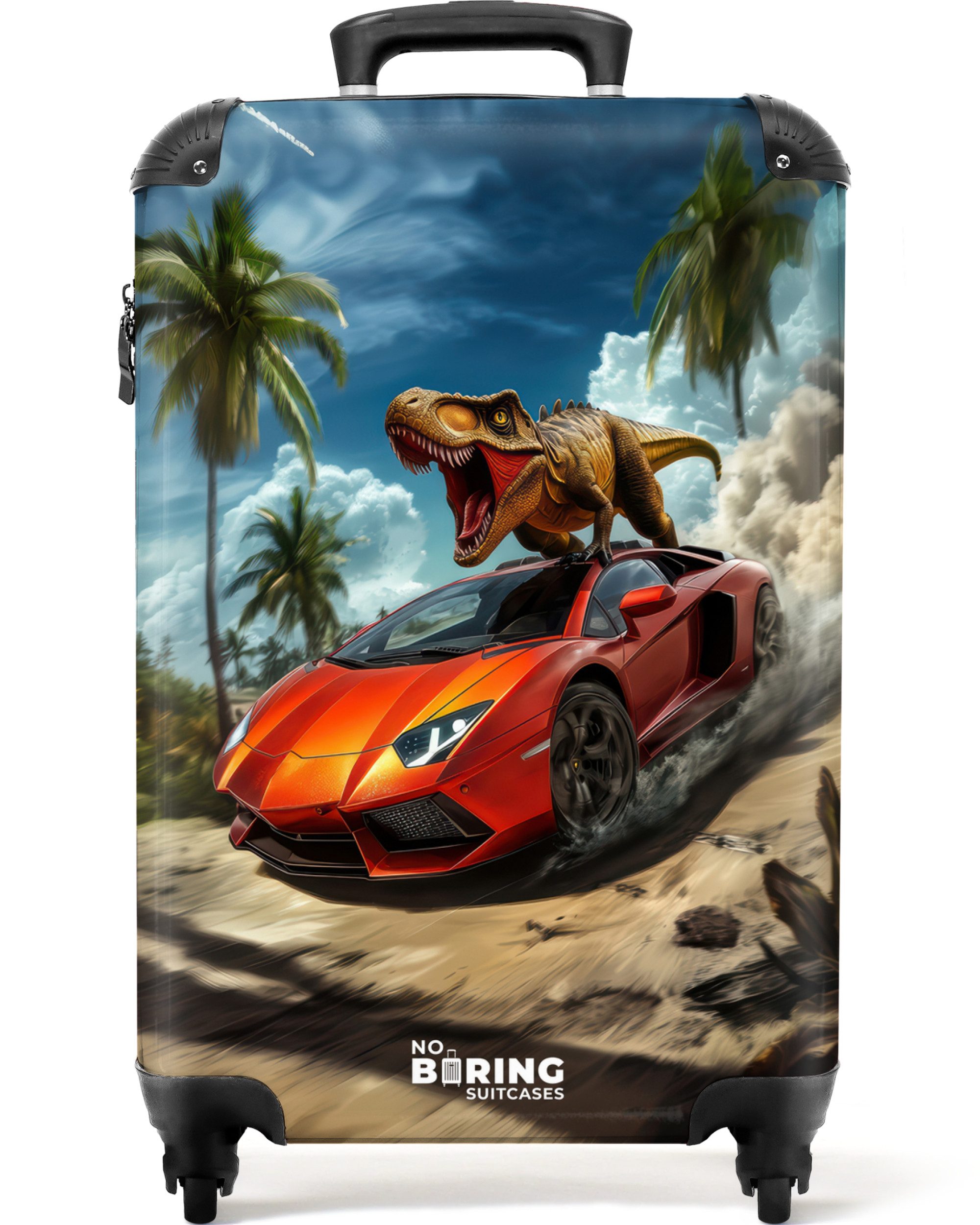 NoBoringSuitcases.com© Kinderkoffer Roter Sportwagen mit Dino rast durch tropischen Strand 55x35x20cm, 4 Rollen, Handgepäck Koffer, Hartschalenkoffer Kinder, Reisekoffer Jungen