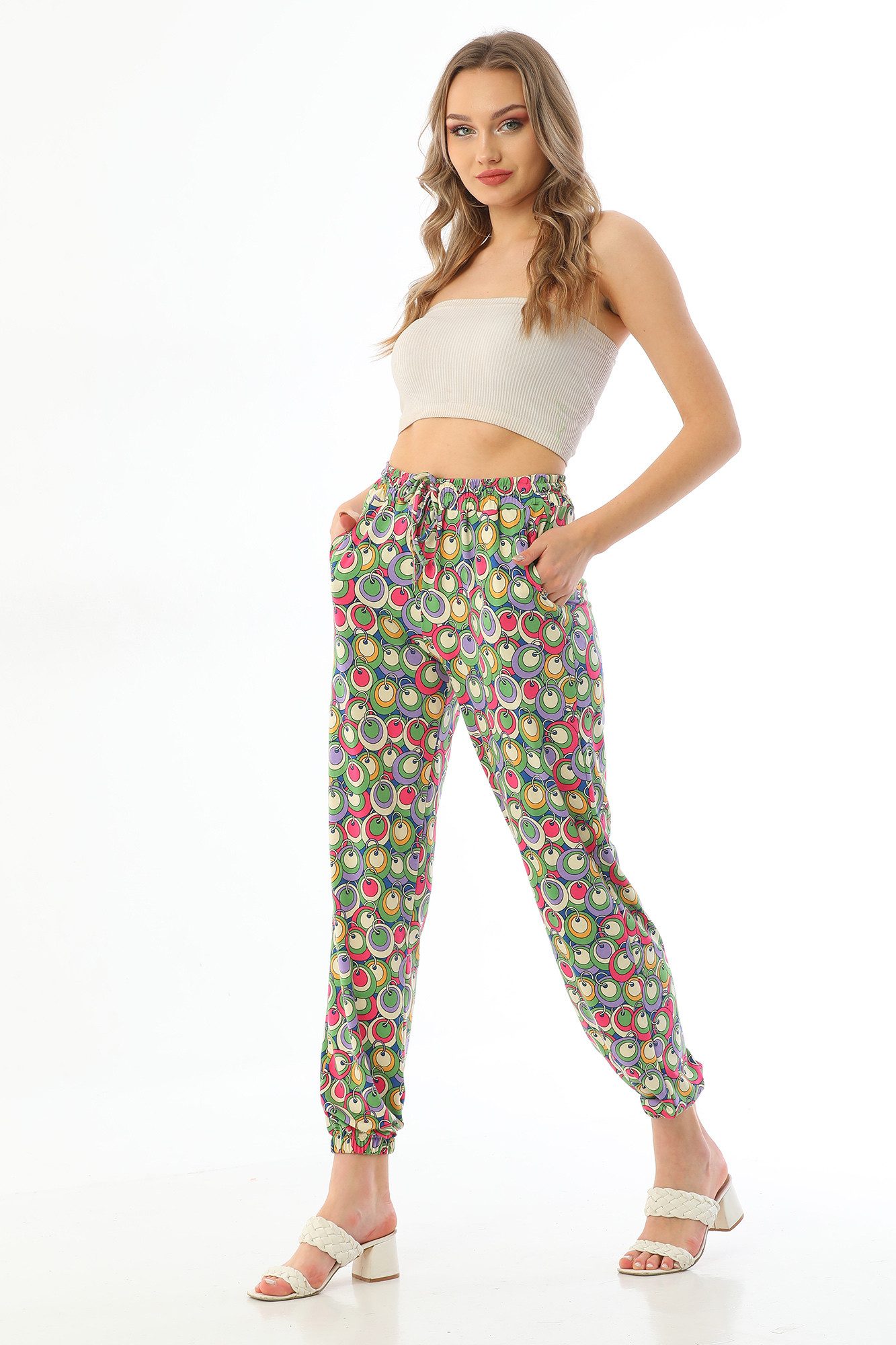 Bongual Haremshose Sommerhose Aladinhose Retro Kreise Muster