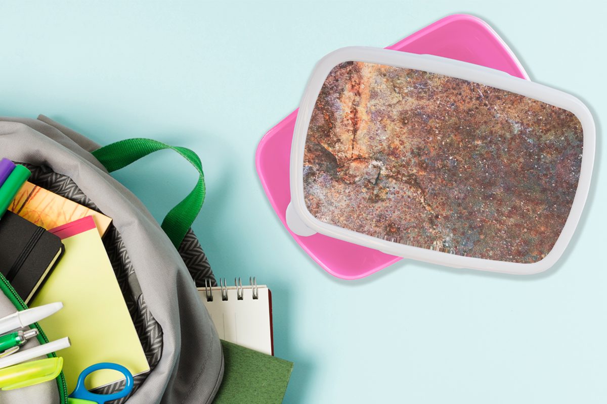 - für Erwachsene, Brotbox Brotdose Mädchen, Kinder, (2-tlg), Kunststoff Rost, - Metall Platte Snackbox, Kunststoff, MuchoWow rosa Lunchbox