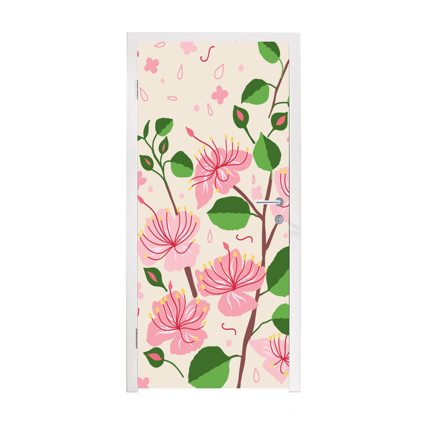MuchoWow Türtapete Blume - Rosa - Blatt - Muster, Matt, bedruckt, (1 St), Fototapete für Tür, Türaufkleber, 75x205 cm