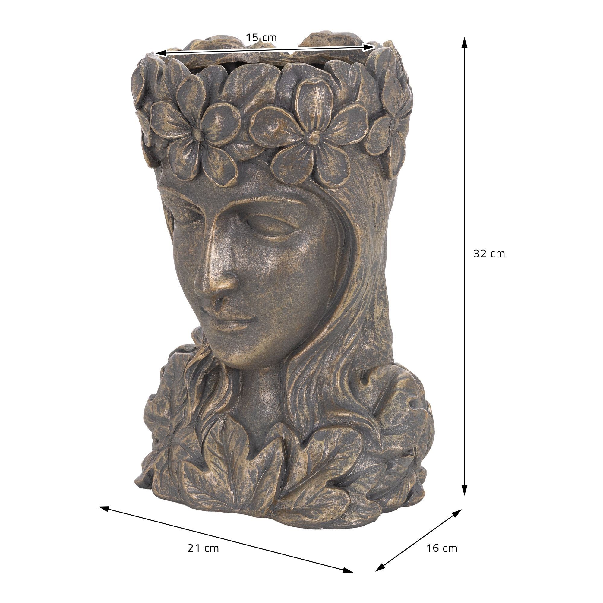 Innen/Außen 21x16x32 Kunstharz Statue Groß Groß Pflanztopf ML-DESIGN Bronze Frauenkopf Dame Gesicht, Skulptur cm Blumentopf Büste Figur