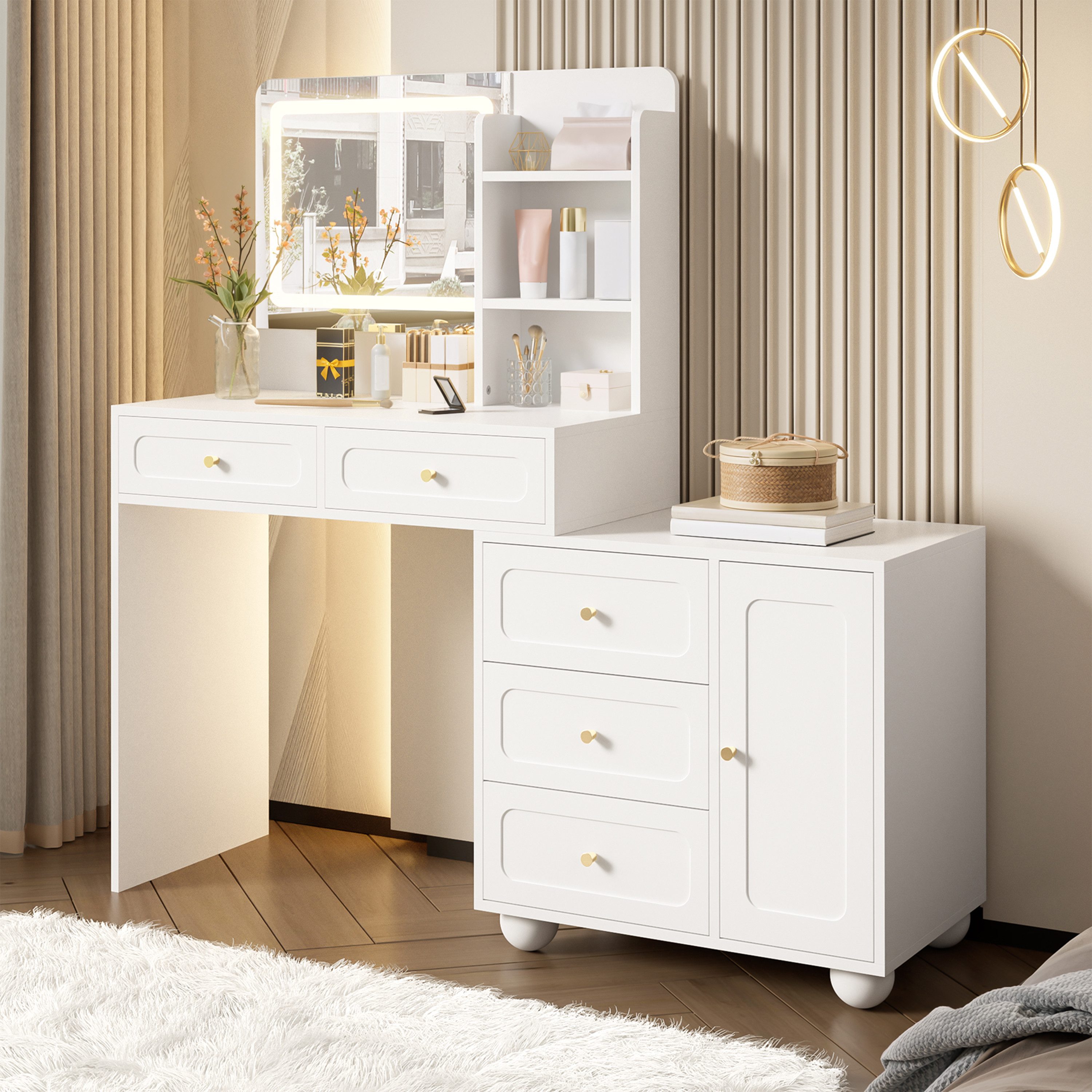 Flieks Schminktisch, Frisiertisch 80×40×127cm mit LED-Spiegel, 5 Schubladen & Tür & Ablagen