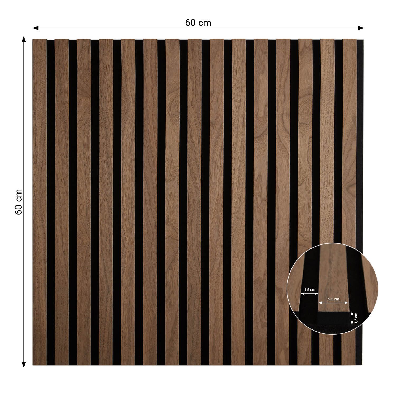 Homestyle4u Wandpaneel 60x60 60x120 cm 1/2/4 Akustikpaneele Holz Braun Schallschutz Garderobe, (1-tlg., 1 Akustikpaneel) 3D Akustik Paneel Wandpaneel in Walnuss zum Kleben oder Bohren