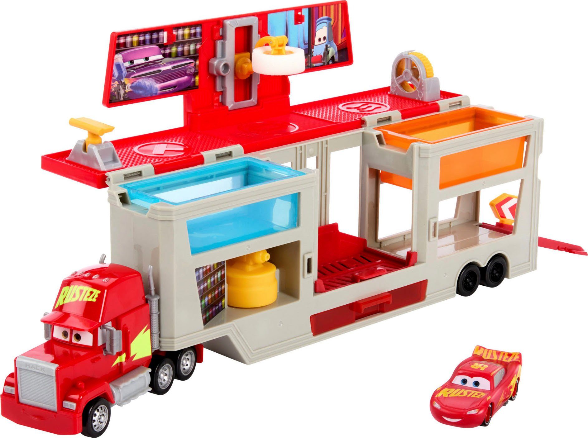 Spielzeug-LKW Disney und Pixar Cars, Lackiererei Mack mit 1 Spielzeugauto