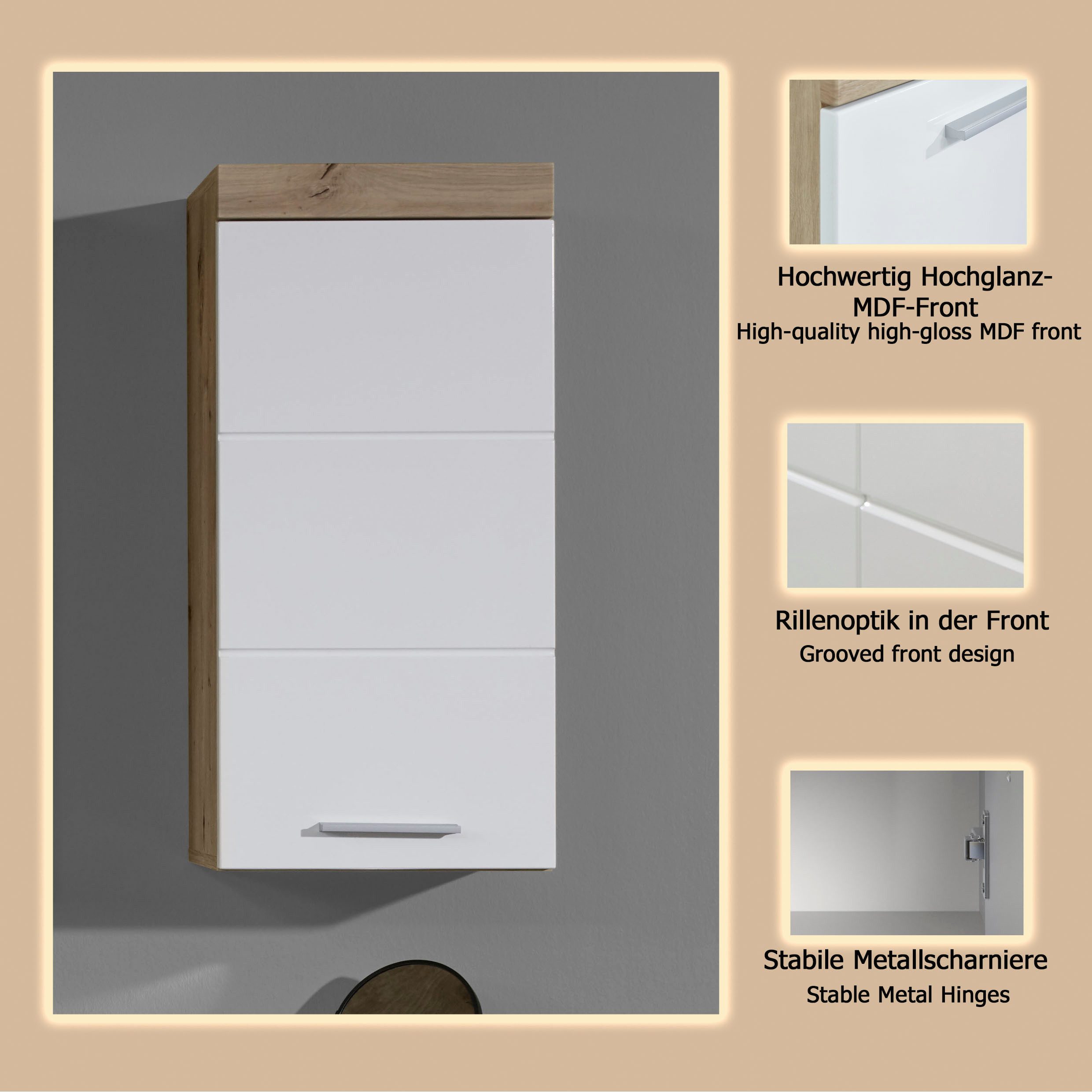 welltime Hängeschrank Avena Hängeschrank mit 1 Tür & 1 Boden - (B/T/H) 37/23/77 cm