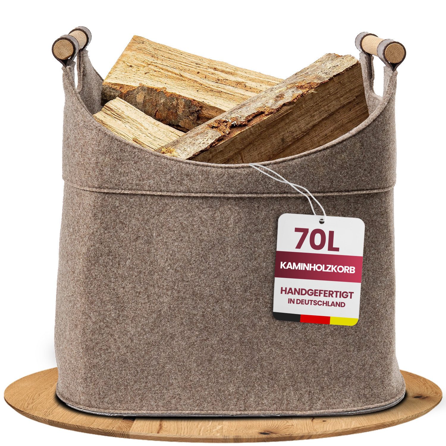 Easy and Green Kaminholzkorb Filz mit Echtholzhenkeln (Eiche) und Aufsatztaschen, Made in Germany