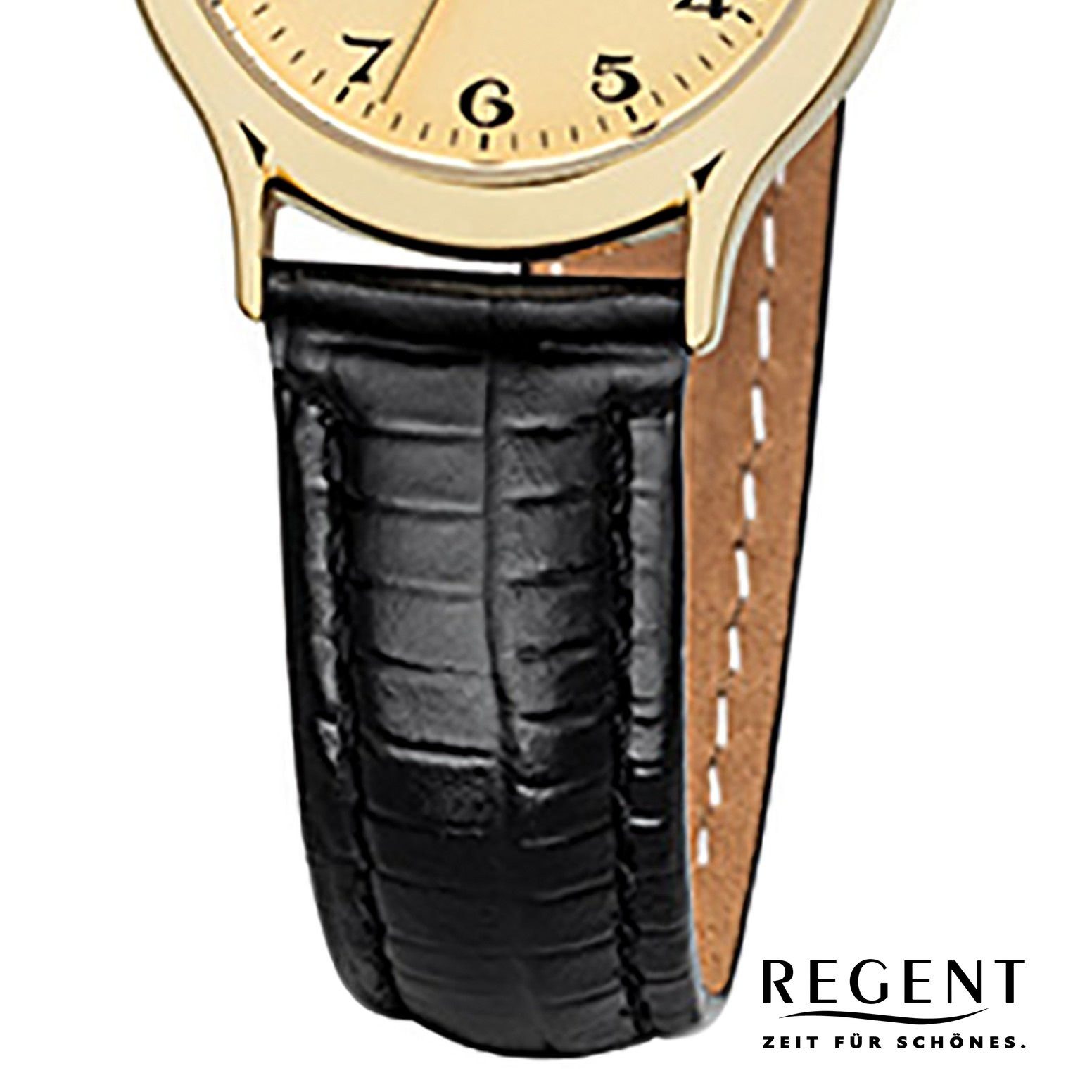 Regent Quarzuhr Regent Lederarmband 24mm), (ca. rund, Damen Damen-Armbanduhr schwarz klein Analog, Armbanduhr