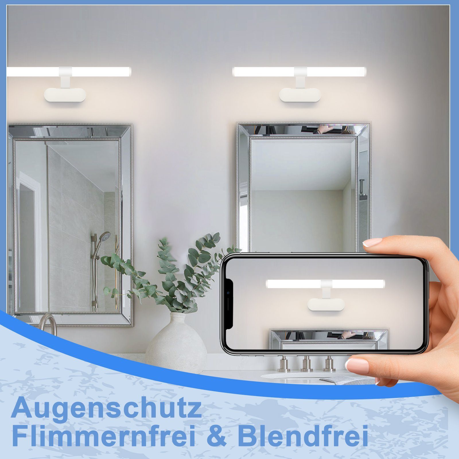 Nettlife LED Spiegelleuchte Schwarz 6W/8W 4000K 40/60CM Spiegellampe, LED fest integriert, Neutralweiß, für Küche schrank Keller