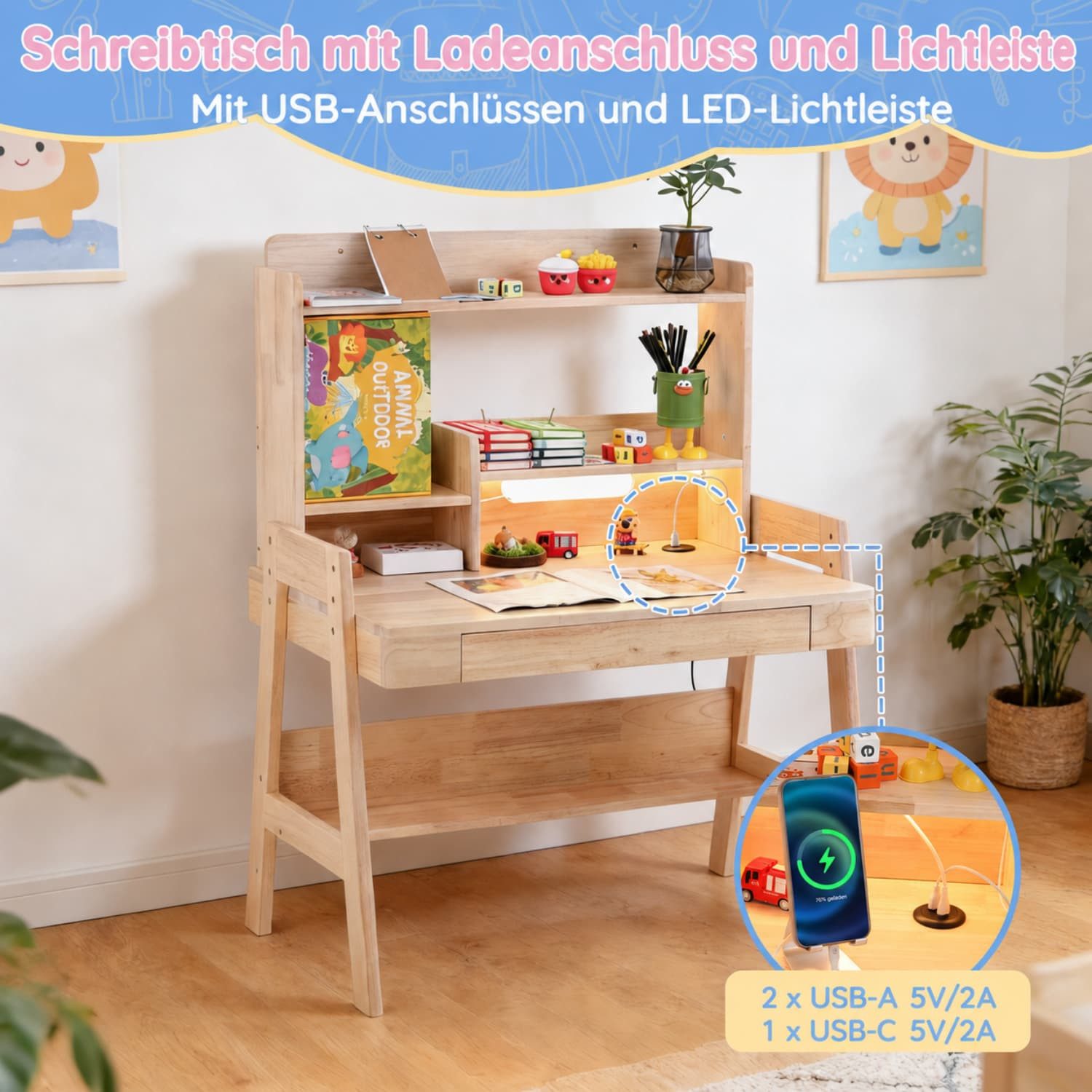 ANYSUN Kinderschreibtisch aus Massivholz Höhenverstellbarer mit LED-Lichtleiste,Schublade,Natur (1 Tish mit Obere Ablagen für Kinder ab 6 Jahren,Belastbar bis 50 kg), Kindertisch mit USB Anschluss,Stauraum,Offene Regale,84x60x117-127cm