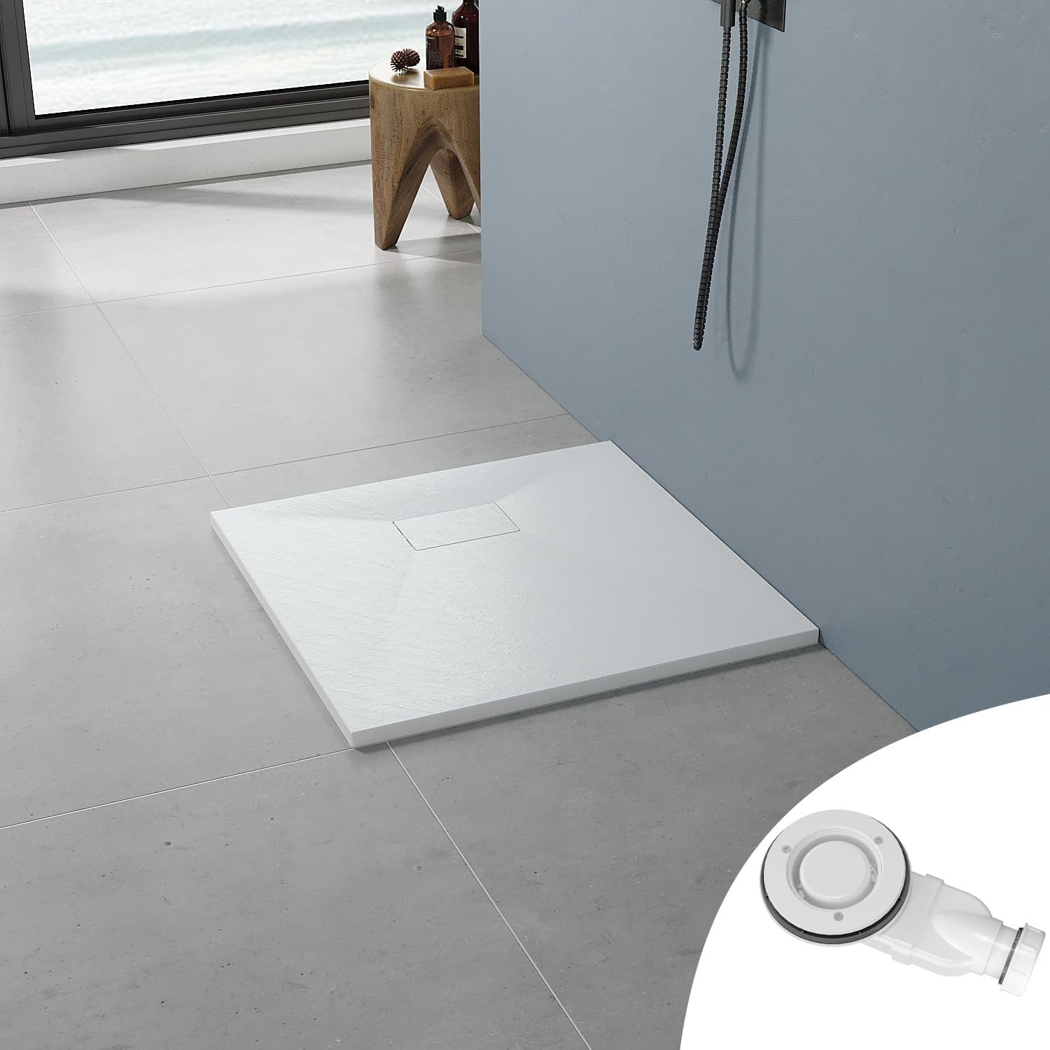 AQUALAVOS Duschwanne Duschwanne weiß Brausewanne mit Ablaufgarnitur Steinoptik Antirutsch, quadratisch, Sheet-Molding-Compound(SMC), 80/100/120/140cm, Ablaufloch ∅ 90 mm, Zuschneidbar, Leicht zu reinigen