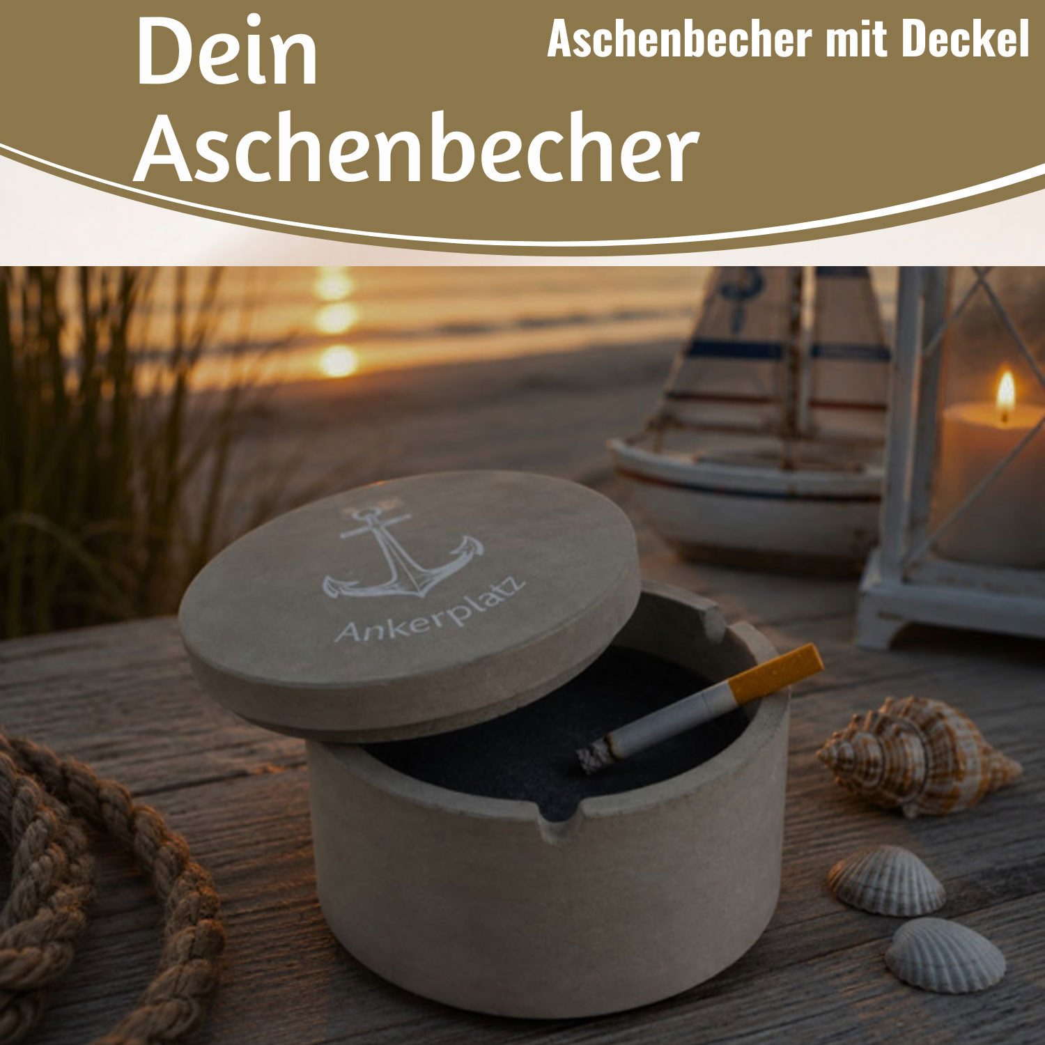 LS-LebenStil Aschenbecher Beton Sturmaschenbecher Motiv Ankerplatz 9x7cm Maritim Grau mit Deckel, Windaschenbecher Ashtray Tischaschenbecher Garten Balkon Deko